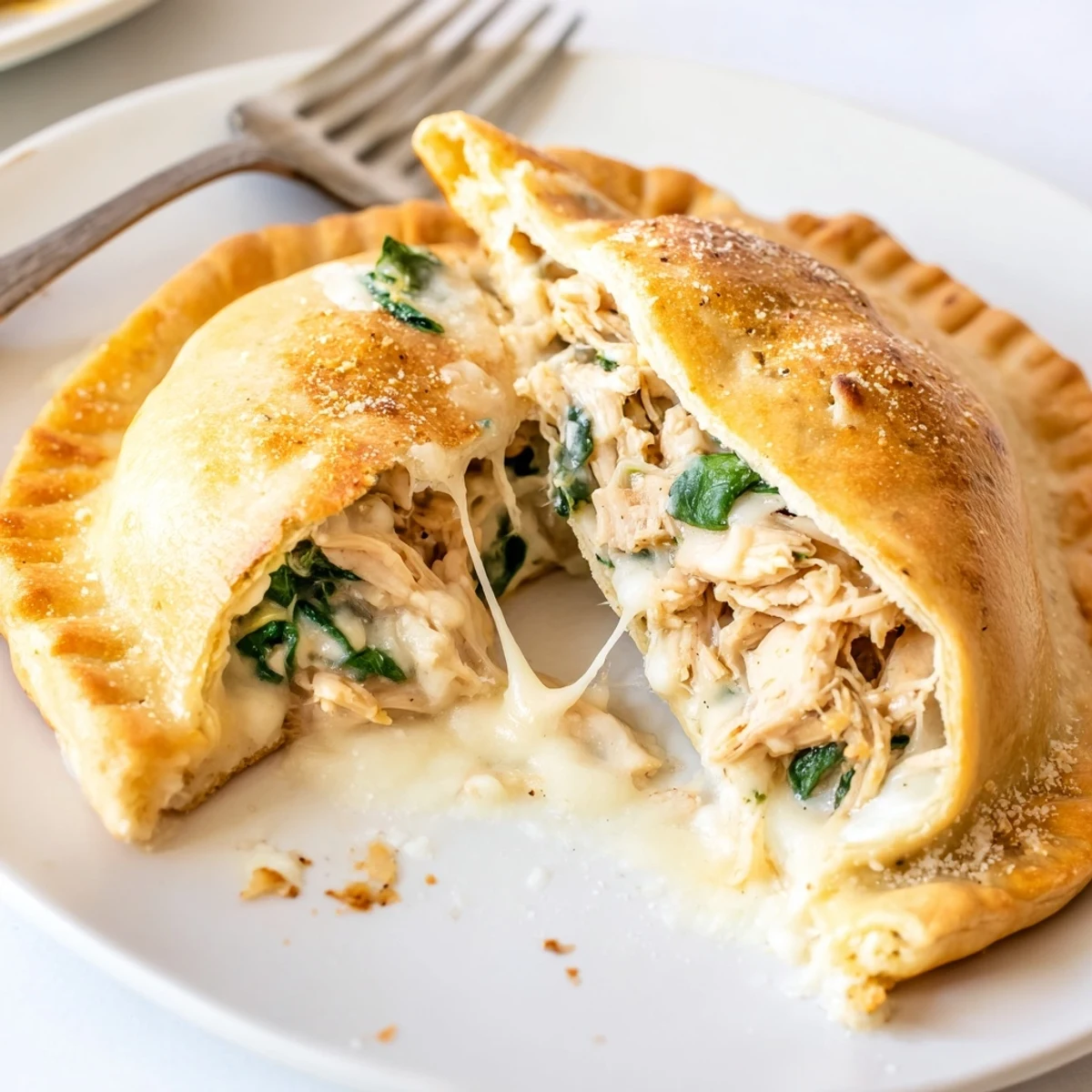 Golden, crispy halves reveal Crispy Cheesy Chicken Alfredo Air Fryer Calzones with gooey center