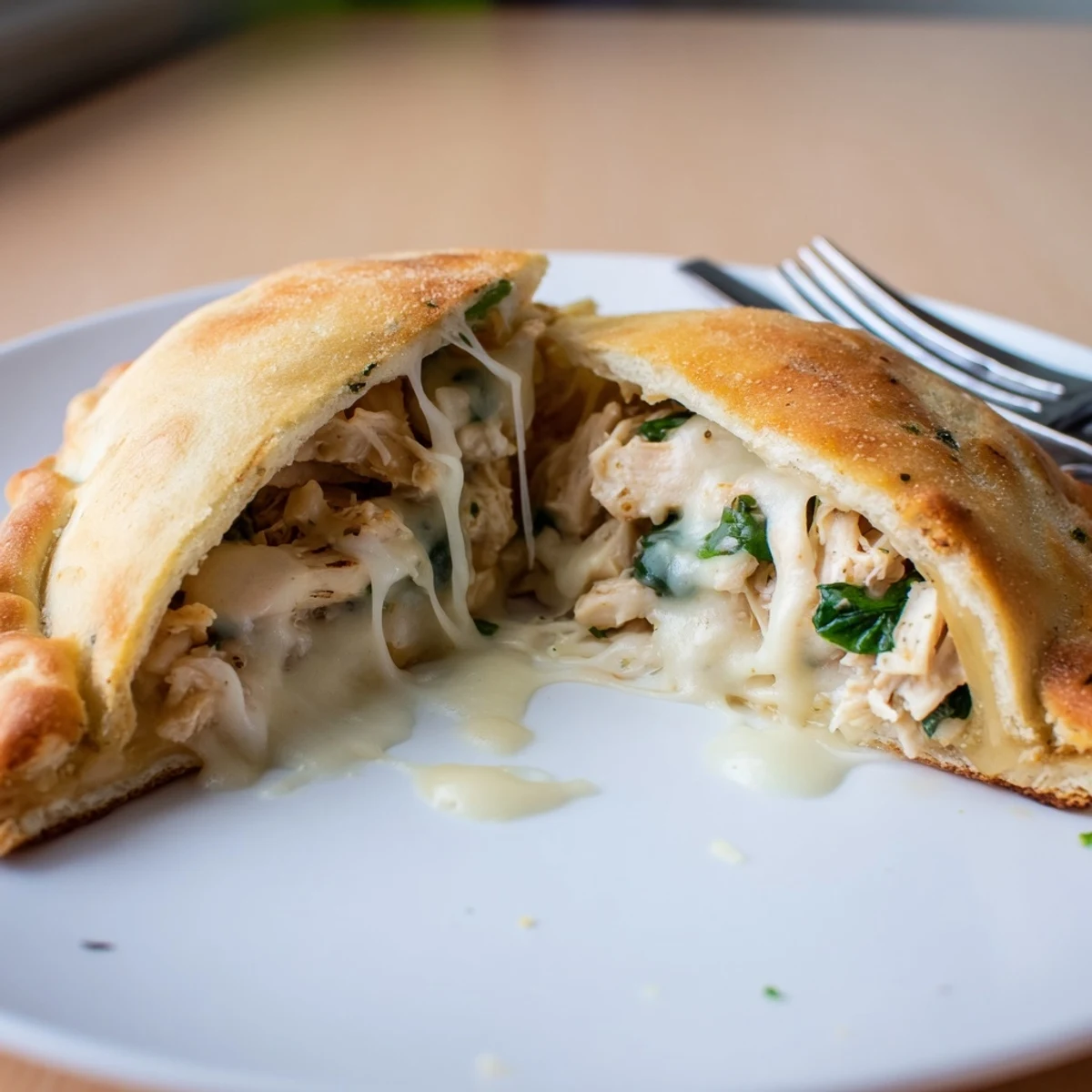 Bite showing melted cheeses in Crispy Cheesy Chicken Alfredo Air Fryer Calzones, herb sprinkle