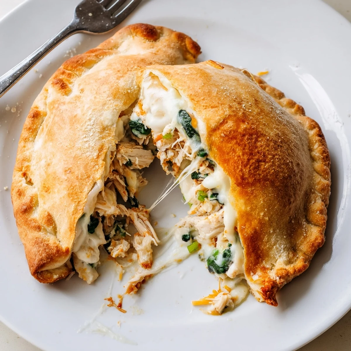 Crispy Cheesy Chicken Alfredo Air Fryer Calzones steaming on plate, marinara dipping sauce