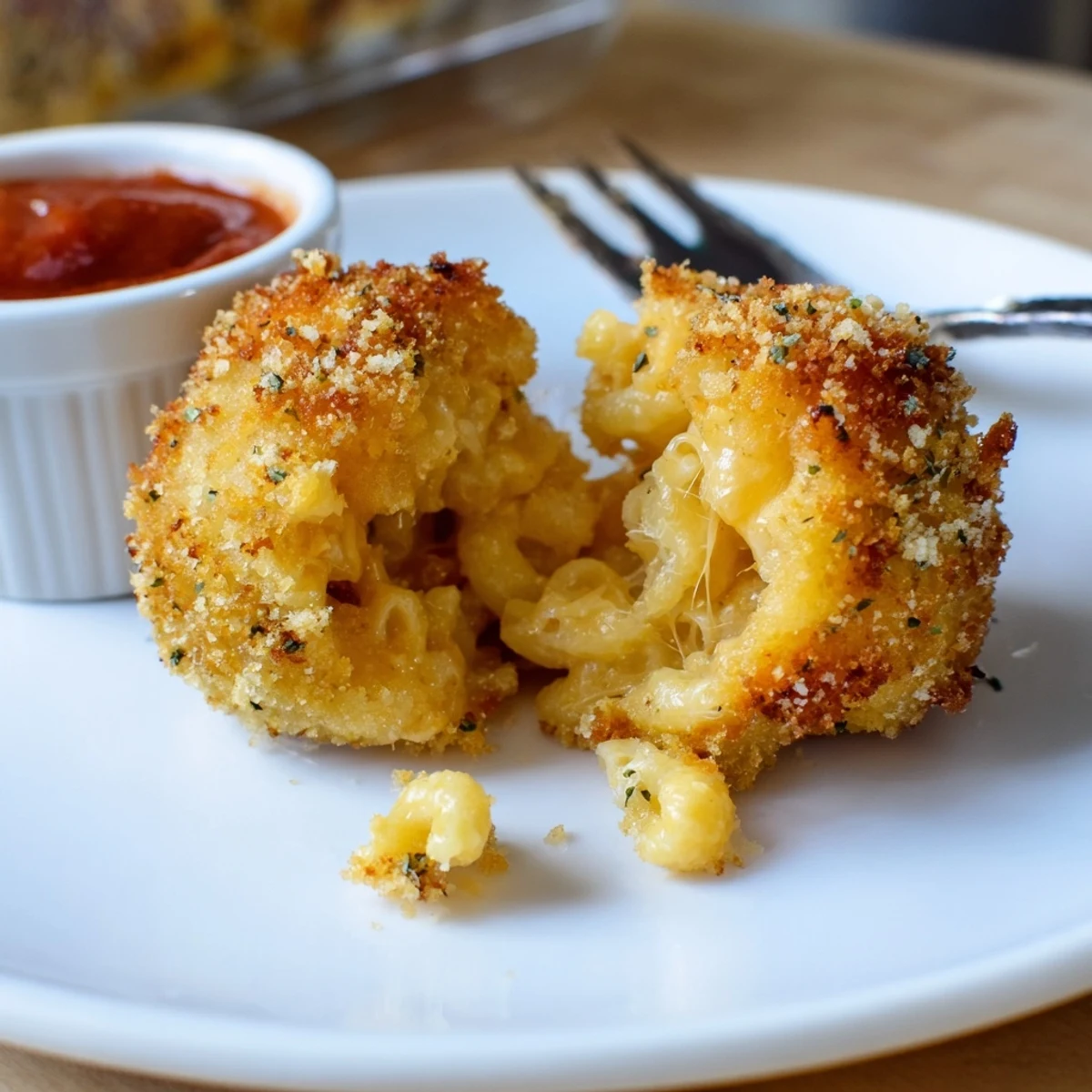 Handheld Fried Mac And Cheese Bites piled on parchment, steaming, ready for dipping