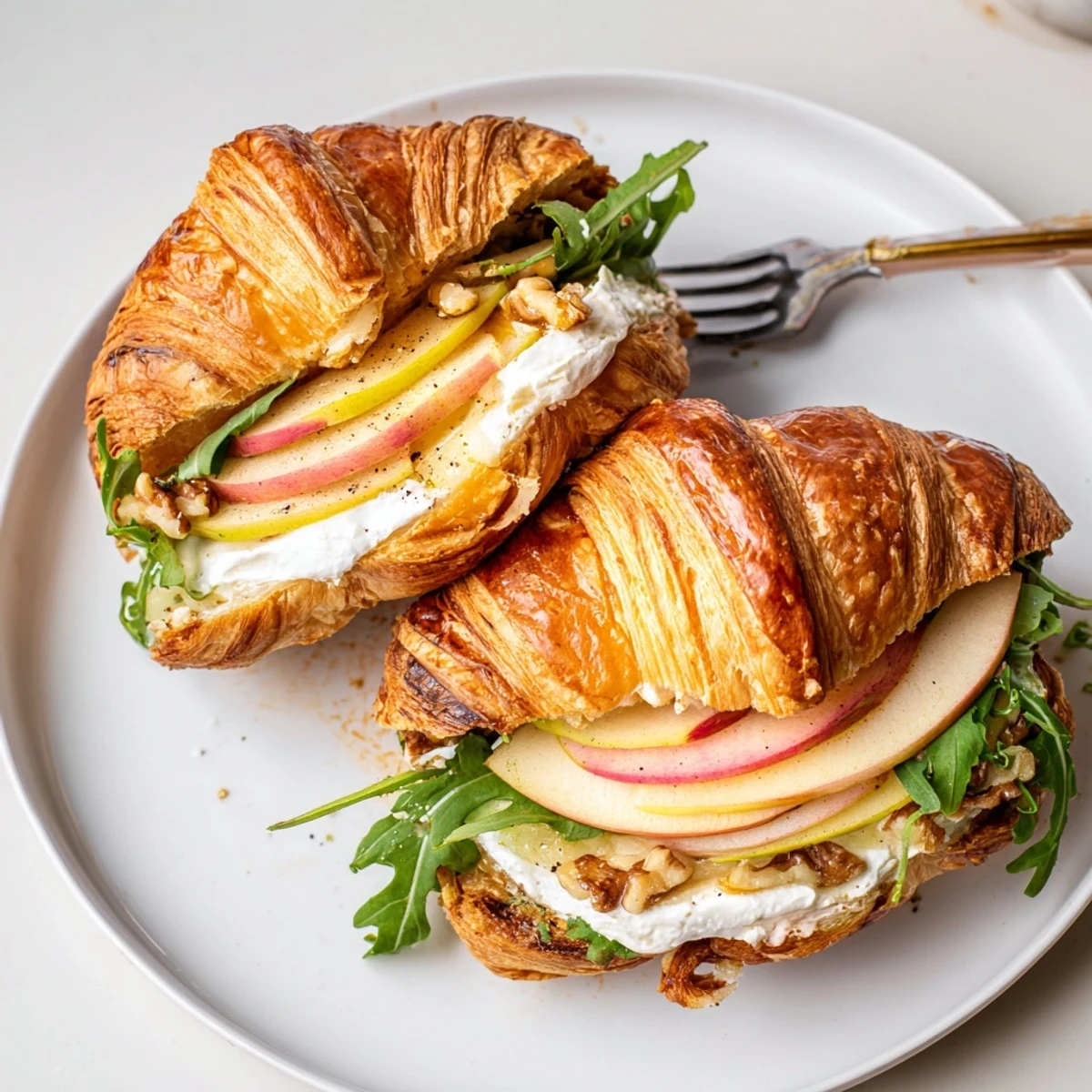 Apple Goat Cheese Croissant Sandwich with flaky pastry, tart apple slices, honey drizzle