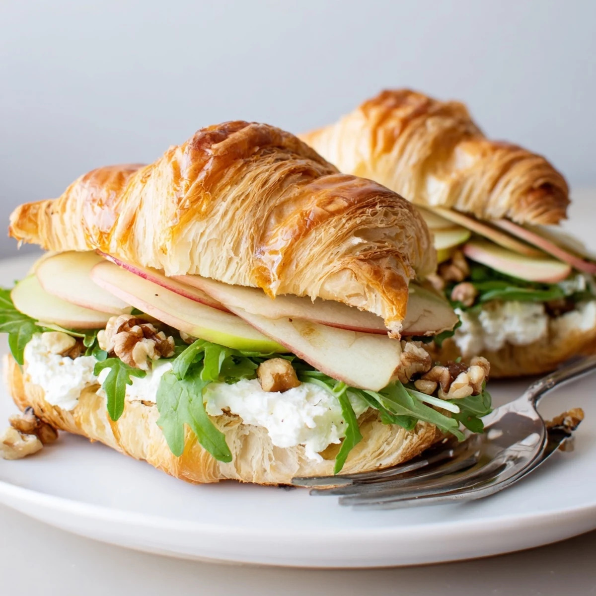 Toasted Apple Goat Cheese Croissant Sandwich layered with arugula, crunchy pecans, black pepper