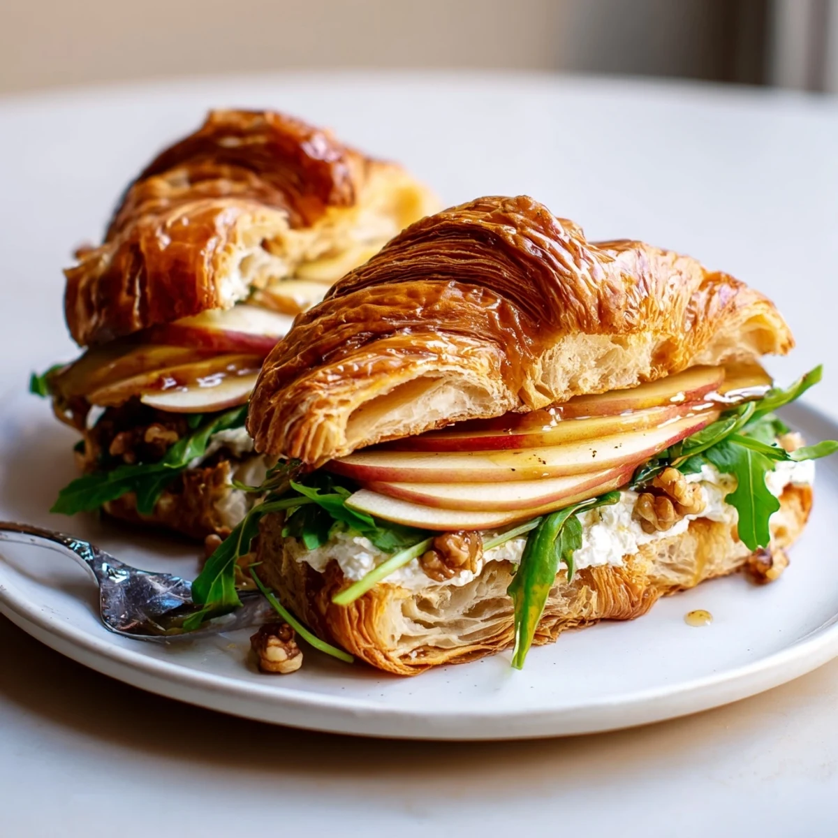 Quick Apple Goat Cheese Croissant Sandwich served warm for brunch beside tea