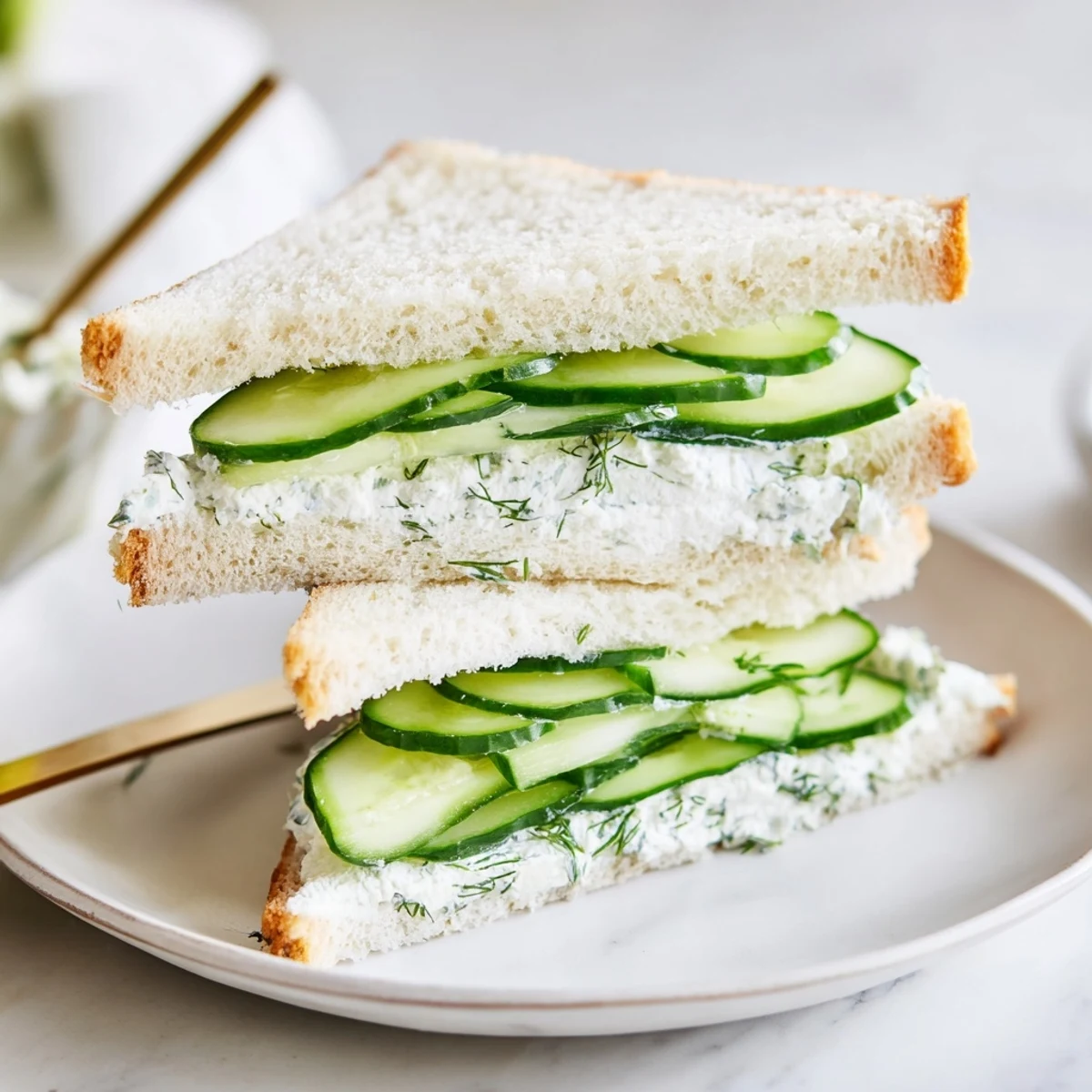 Stack of Classic Cucumber Sandwiches, buttery cream cheese, cool refreshing crunch