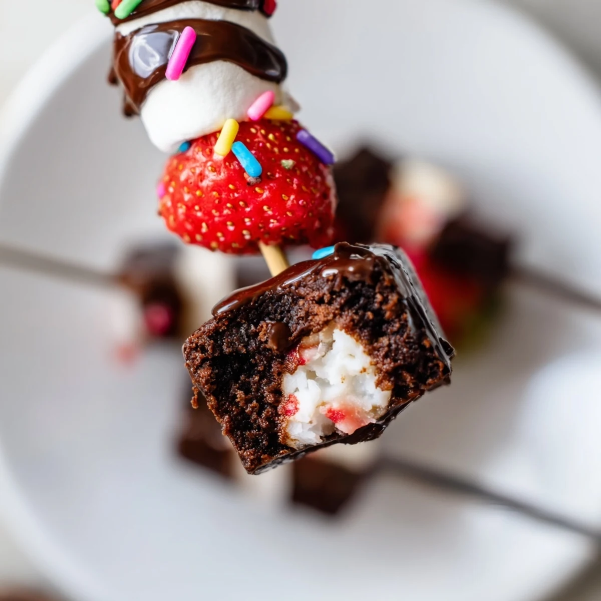 Sweet Strawberry Brownie Kabobs arranged on platter, glossy chocolate drizzle, sprinkles.