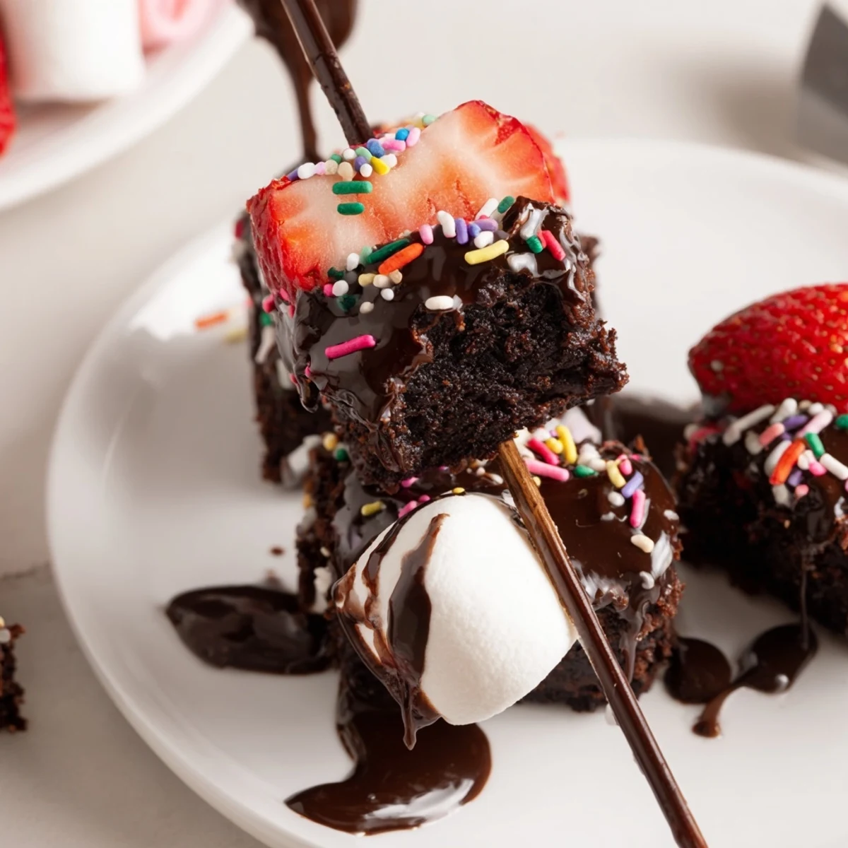 Close-up of Sweet Strawberry Brownie Kabobs with fudgy brownie bites, marshmallows.