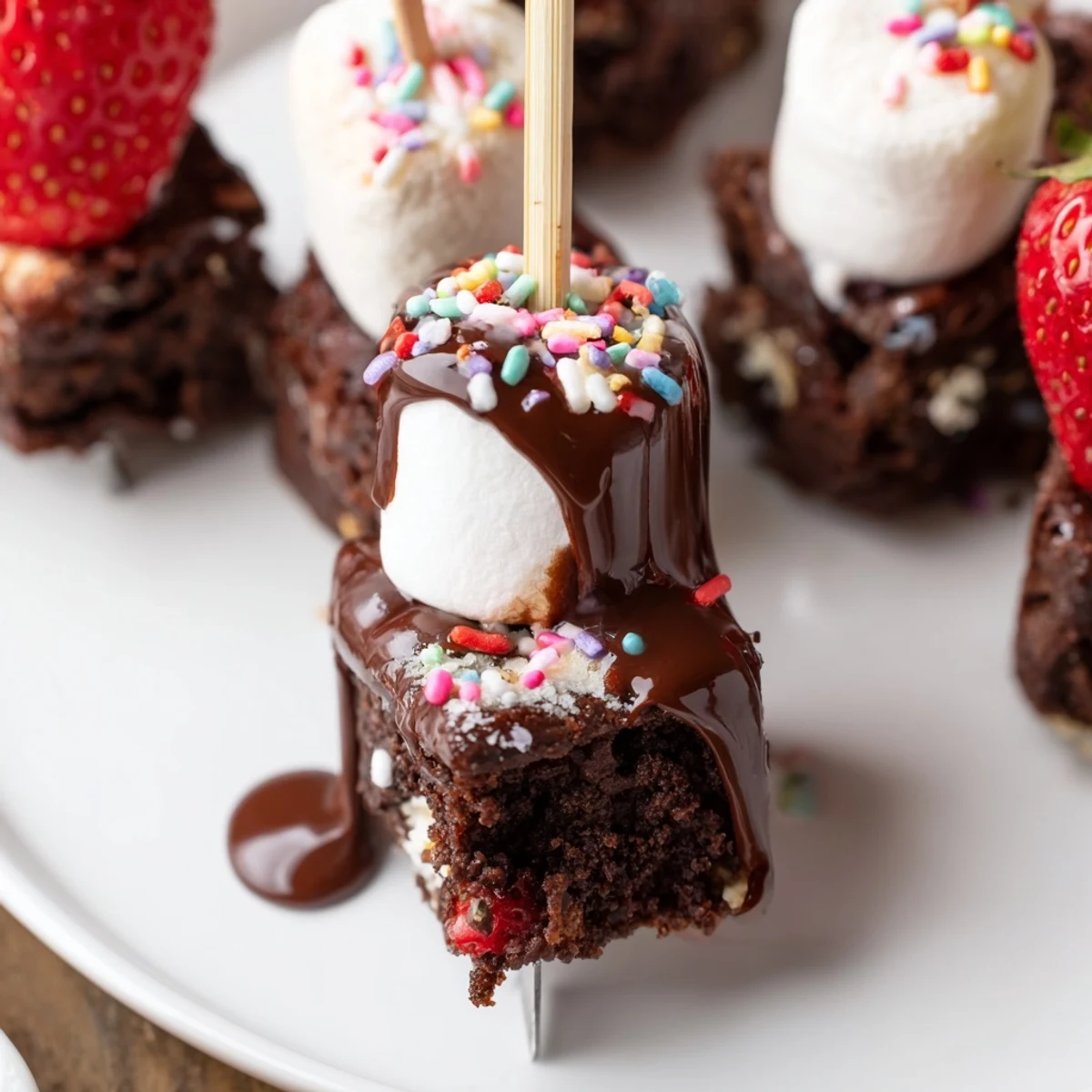 Skewered Sweet Strawberry Brownie Kabobs glistening with chocolate, ready for serving.