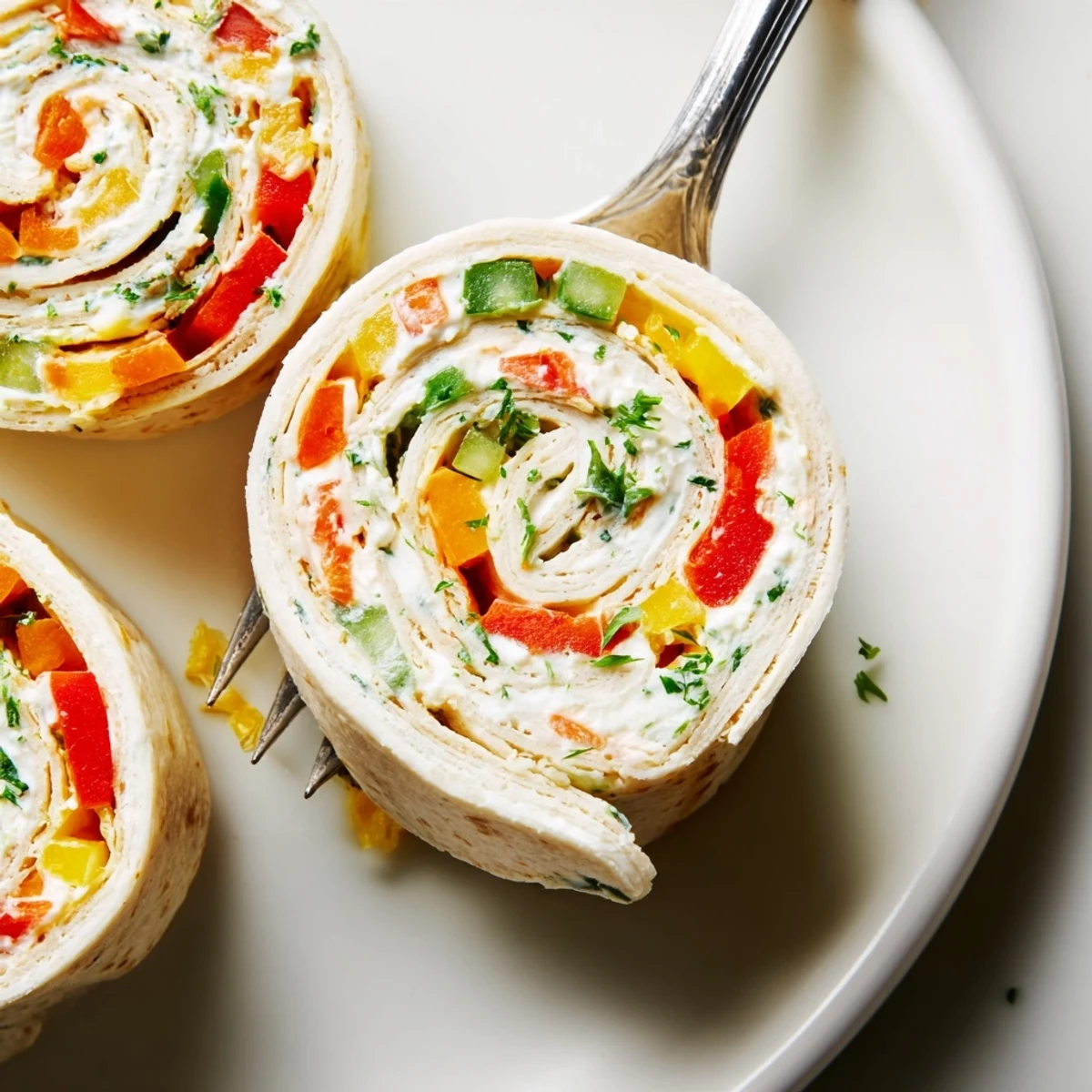 Vegetable Tortilla Roll Ups arranged on platter, creamy filling and crisp vegetables