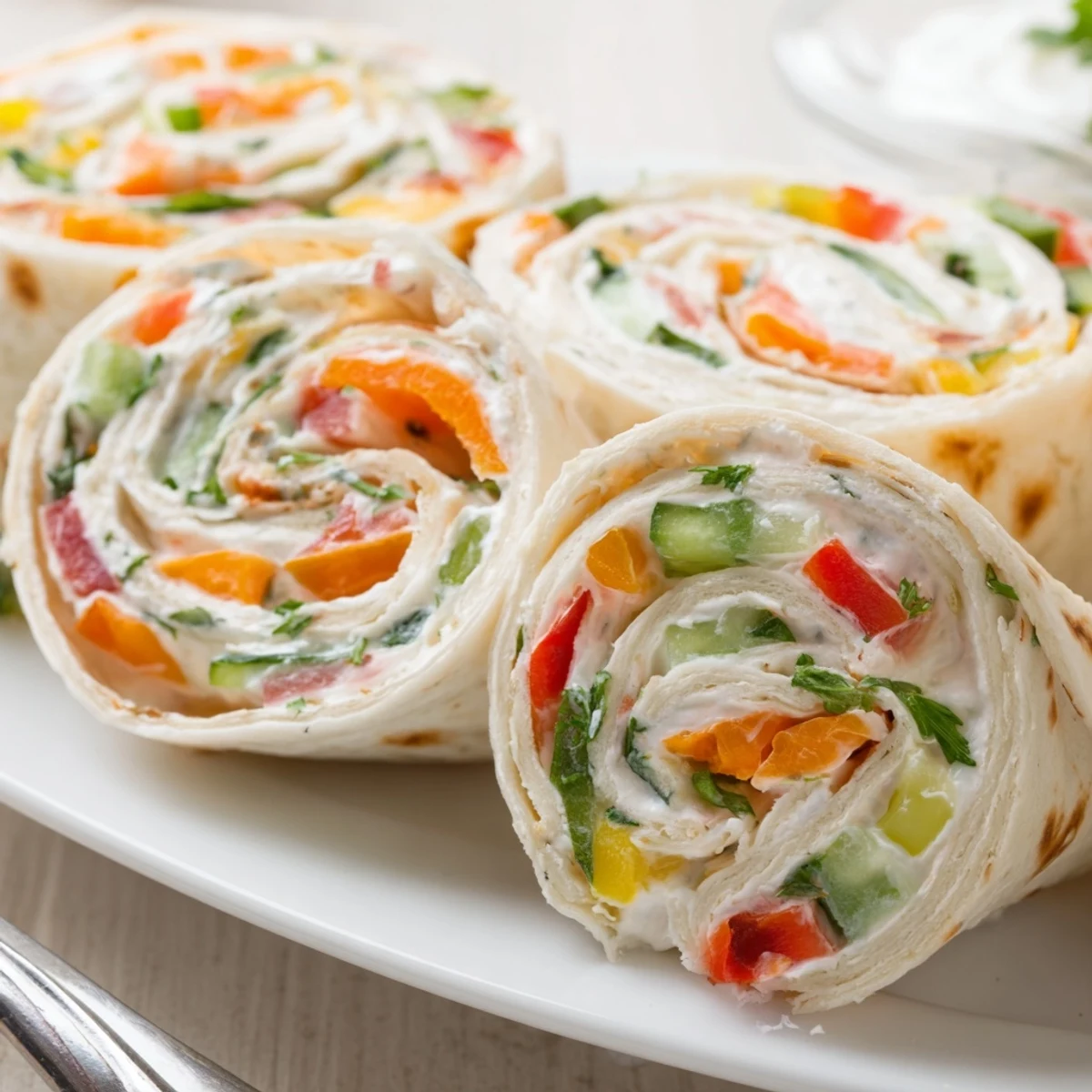 Party ready Vegetable Tortilla Roll Ups served with toothpicks, creamy herb spread visible