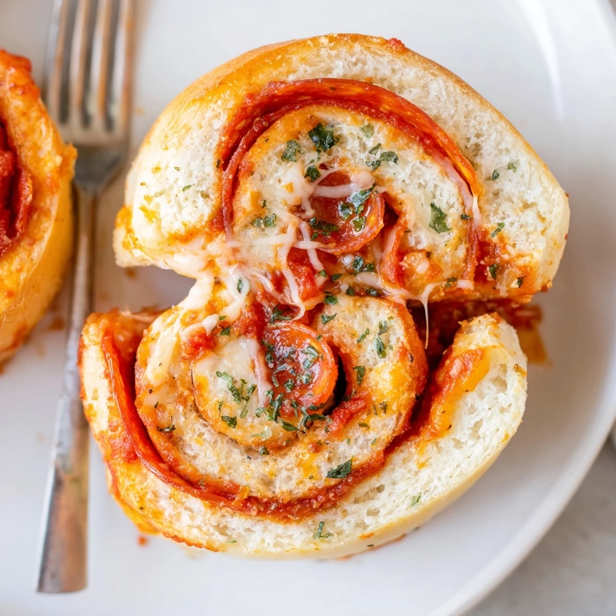 Homemade Pizza Rolls steaming on plate, golden crust and gooey mozzarella