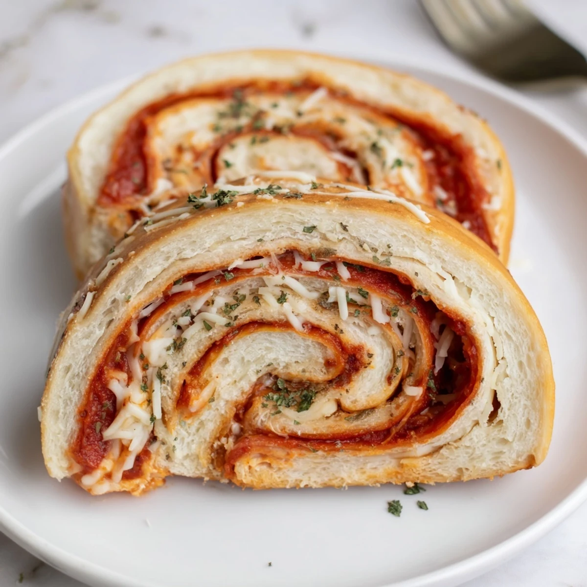 Tray of Homemade Pizza Rolls sliced open, molten cheese and pepperoni