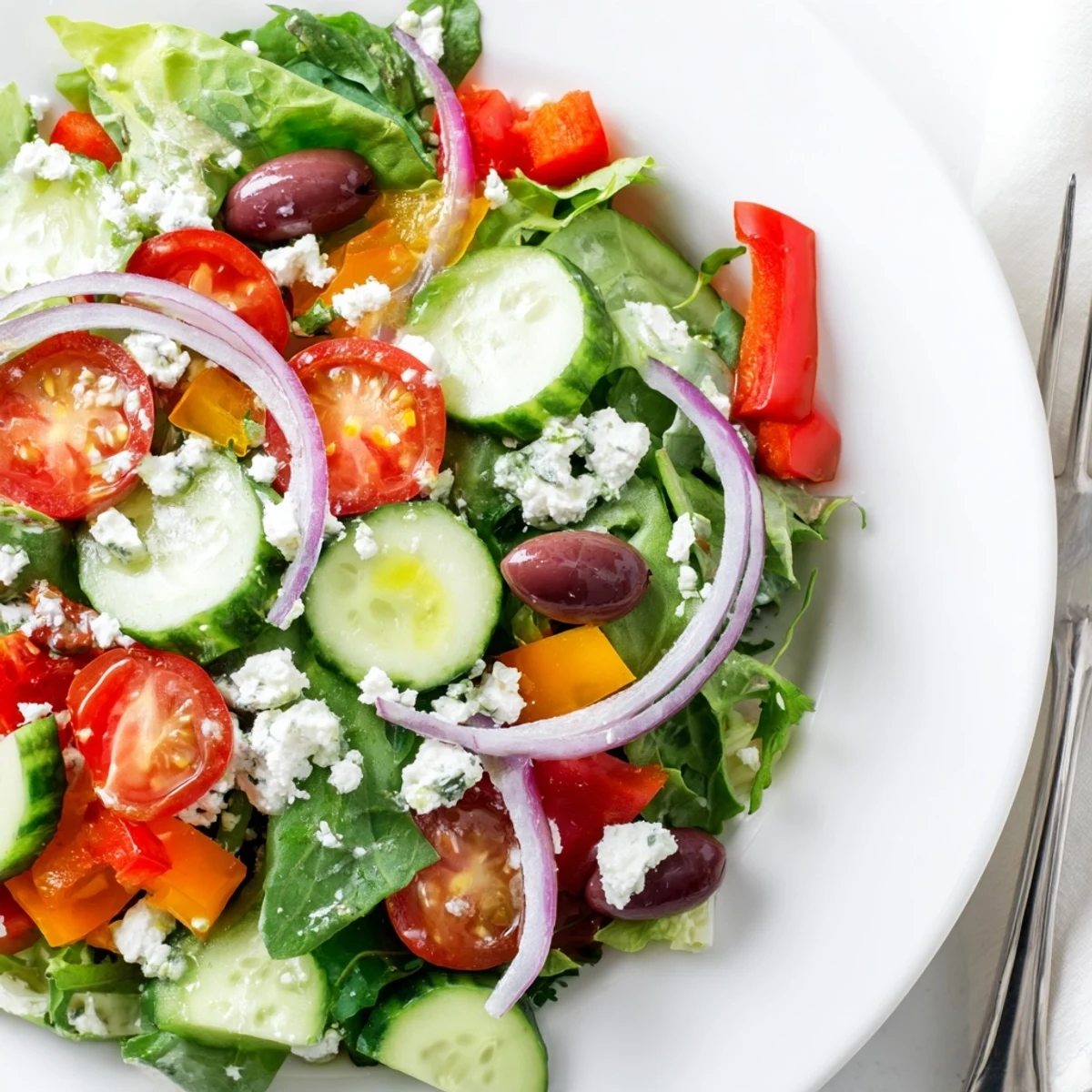 Fresh Salad Recipe: crisp greens, juicy cherry tomatoes, tossed in lemon dressing.