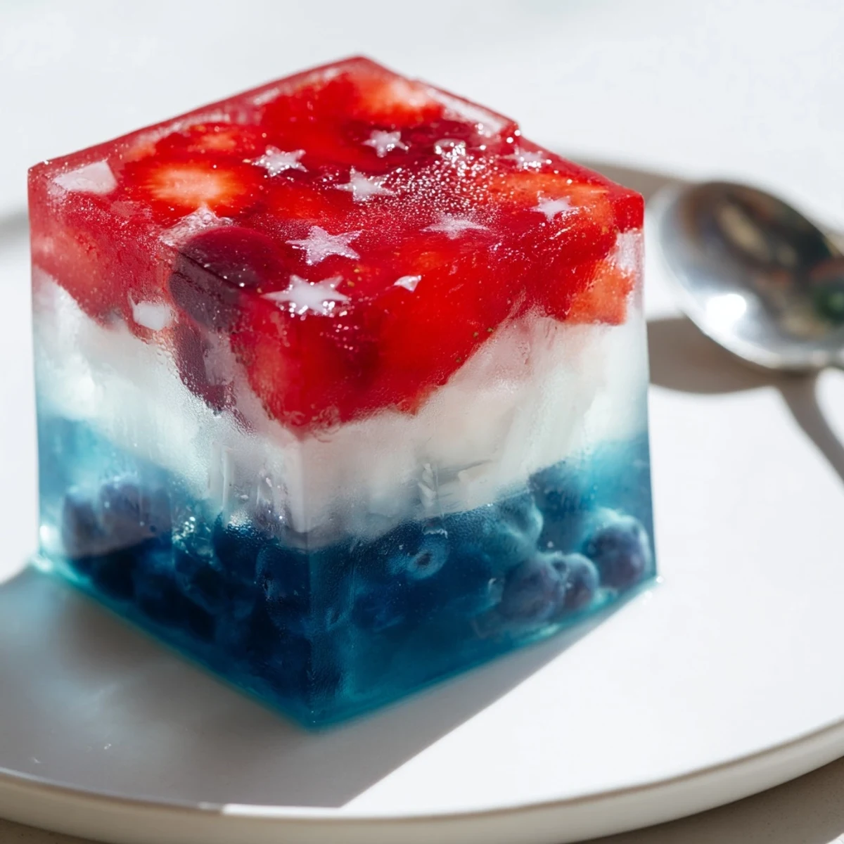 Close-up Red White And Blue Ice Cubes Recipe melting slightly in a glass