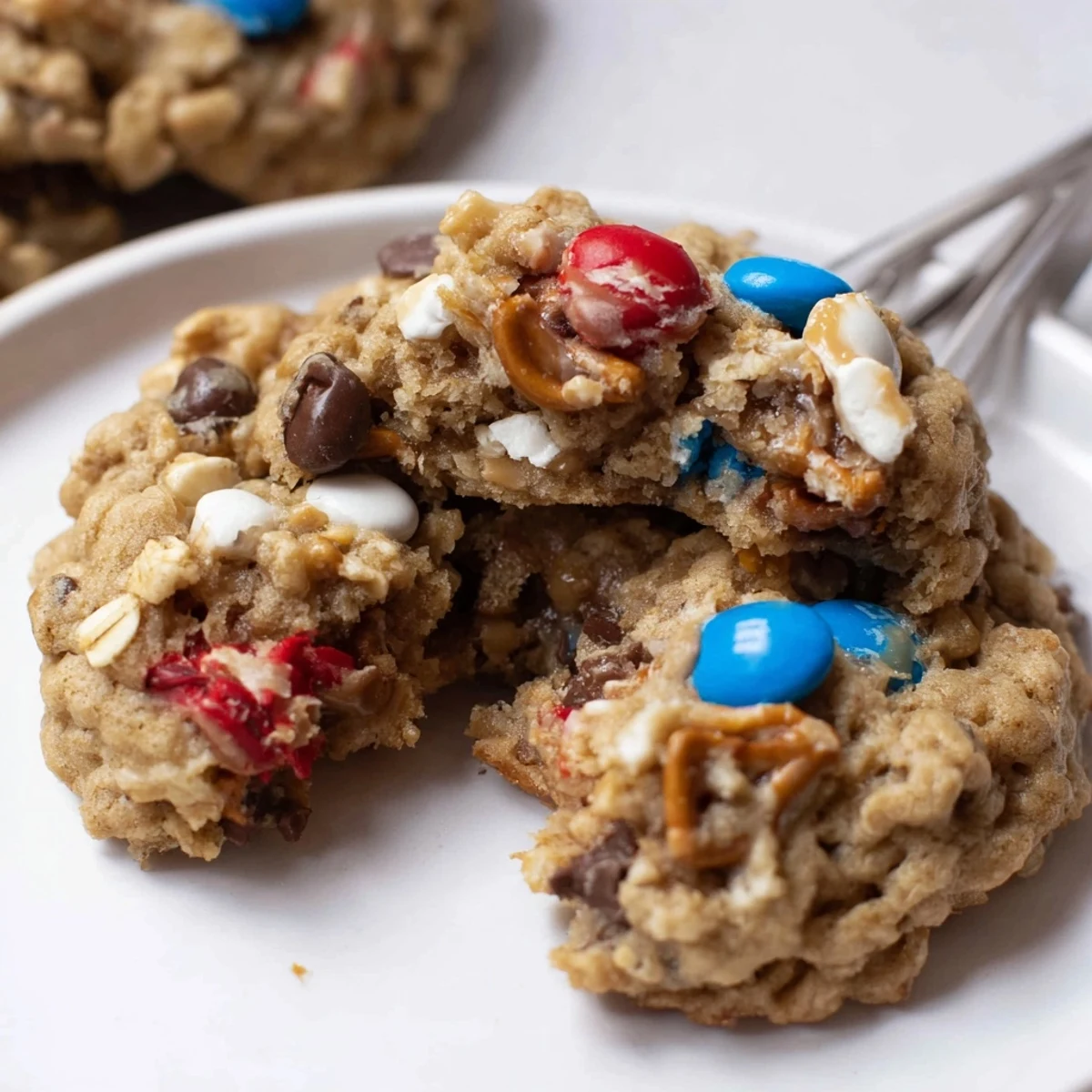 Warm Patriotic Monster Cookies Recipe cooling on rack, studded with red, blue candies