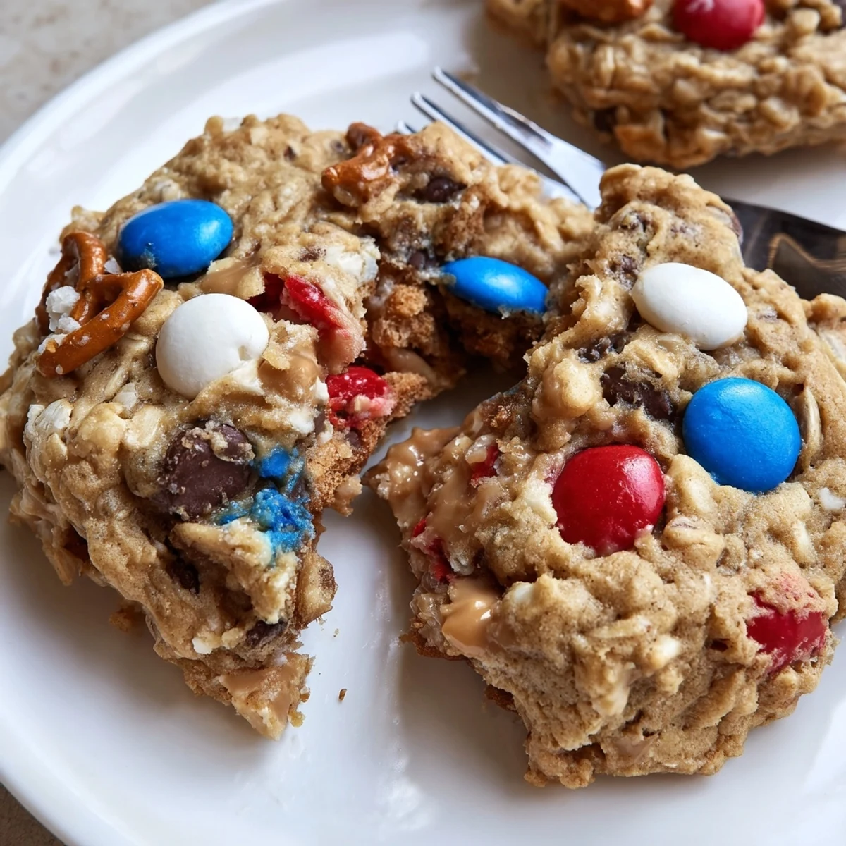 Stack of Patriotic Monster Cookies Recipe served with cold milk, chewy centers