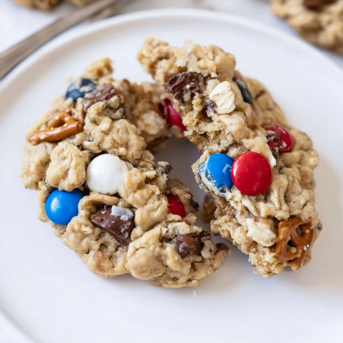 Baked Patriotic Monster Cookies Recipe golden edges, gooey chocolate chips and oats