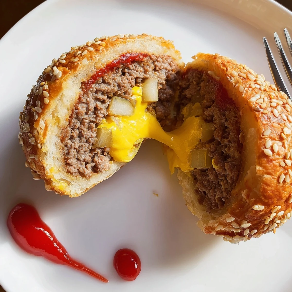 Golden biscuit wrapped Cheesy Cheeseburger Bombs Explosion Recipe oozing melted cheddar, sesame topping