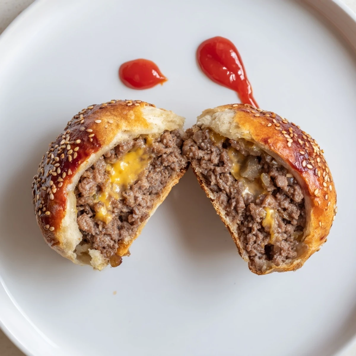 Plate of warm Cheesy Cheeseburger Bombs Explosion Recipe, savory beef and gooey mozzarella