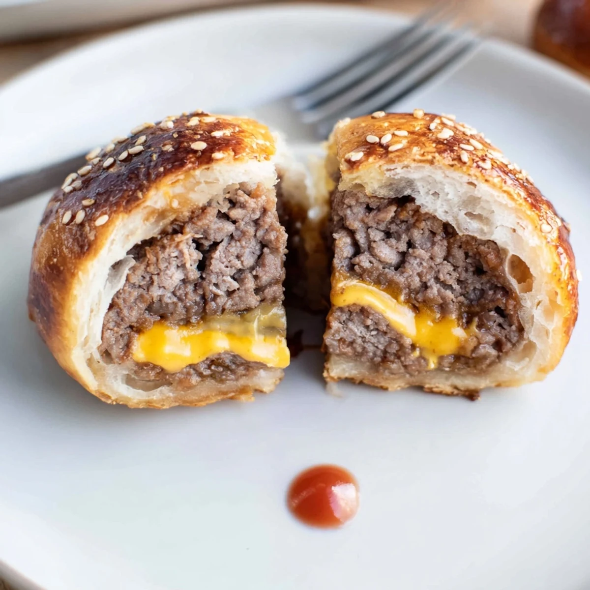 Hand held Cheesy Cheeseburger Bombs Explosion Recipe split open revealing steaming cheese pull