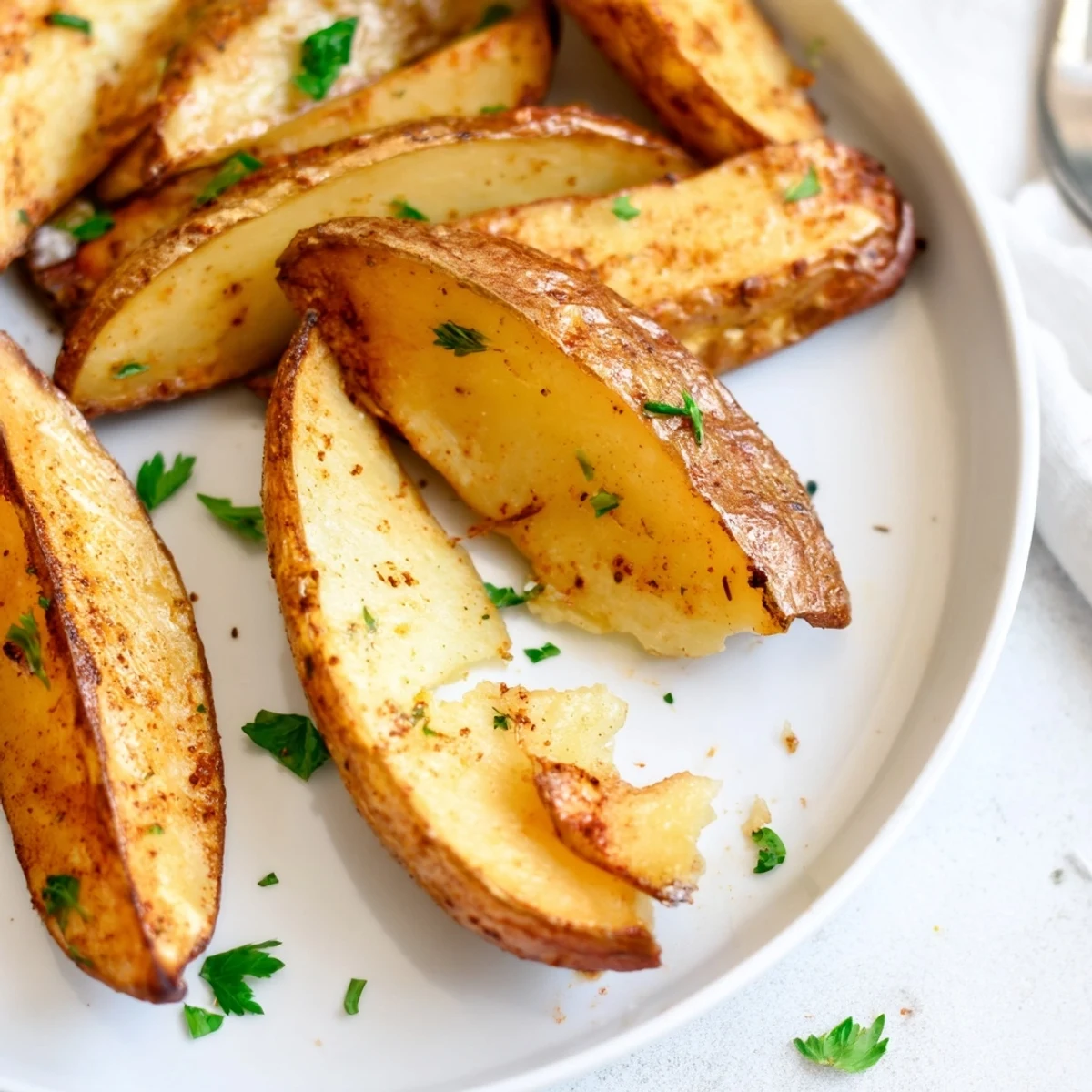 Crispy oven-baked Potato Wedges with golden edges, fluffy interior, sprinkled parsley