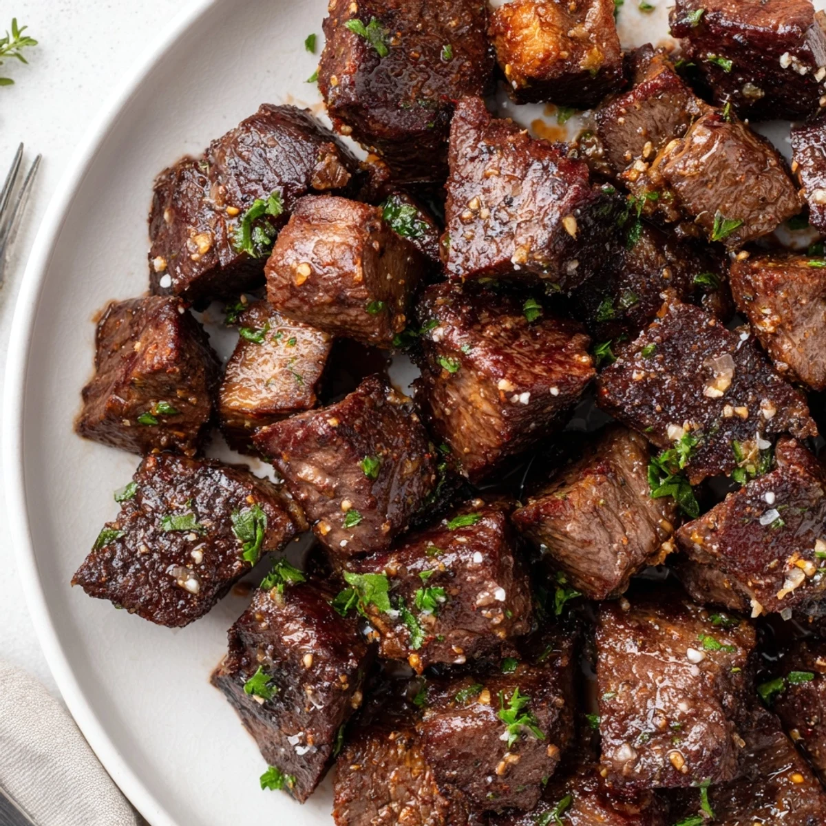 Pan seared Garlic Butter Steak Bites with browned crust, buttery garlic glaze