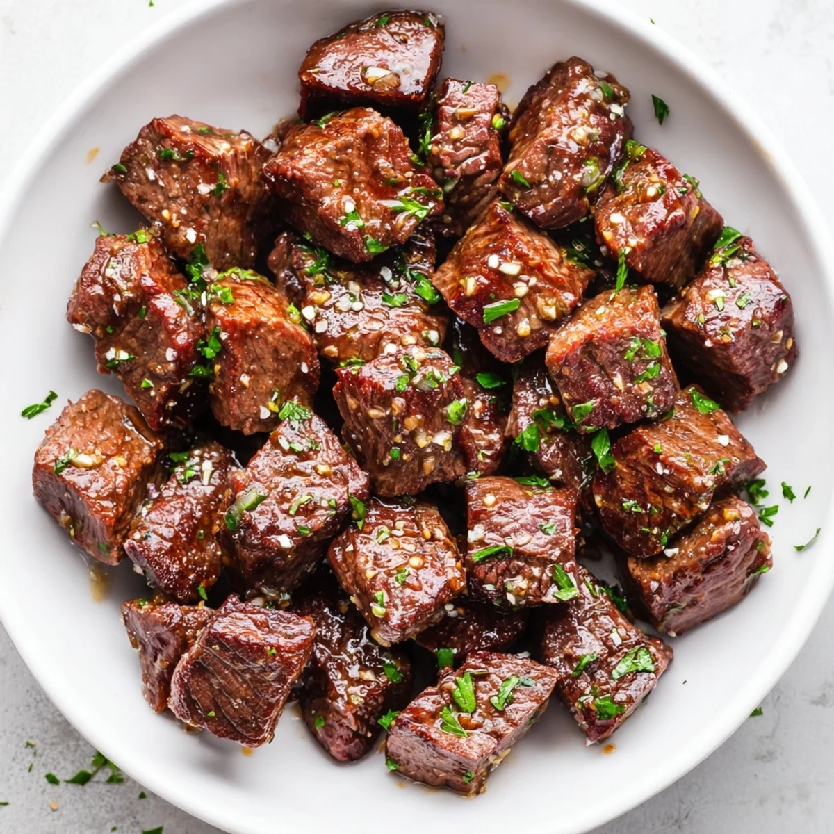 Garlic Butter Steak Bites sizzling in cast iron, glossy butter and fresh parsley