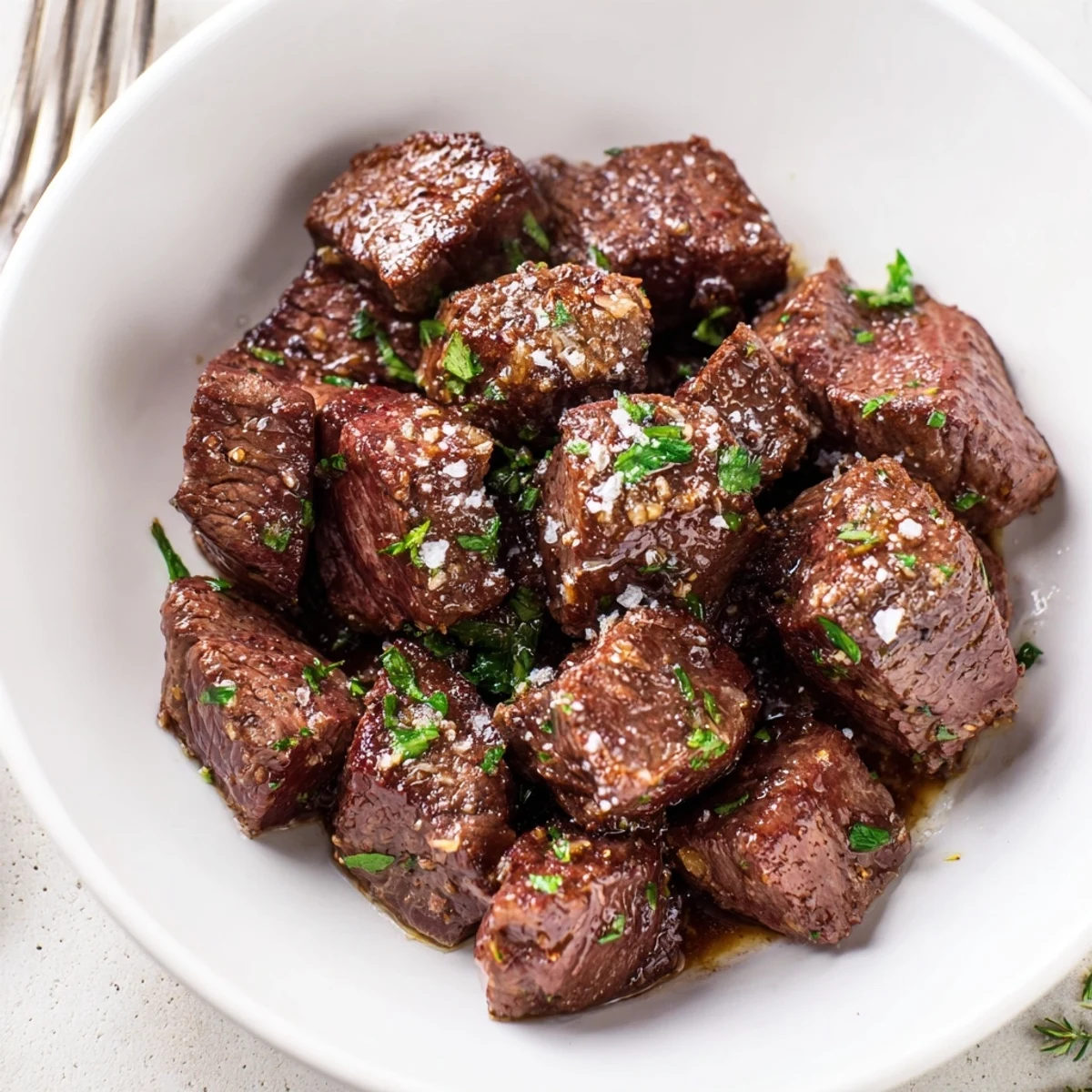 Quick weeknight Garlic Butter Steak Bites topped with flaky sea salt and parsley