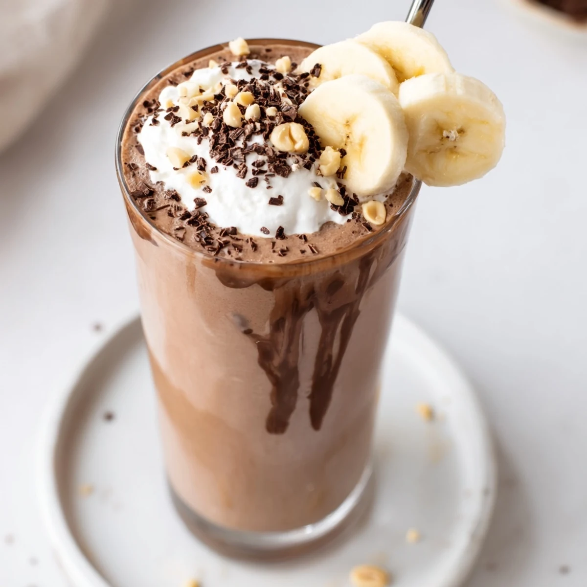 Topped with whipped cream and shavings, this Chocolate Peanut Butter Smoothie beckons a sip.