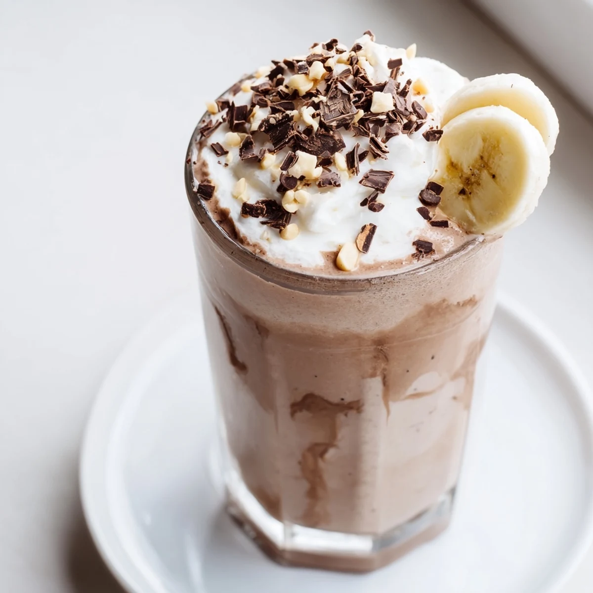 Chocolate Peanut Butter Smoothie poured into two glasses, creamy texture, crushed peanuts.
