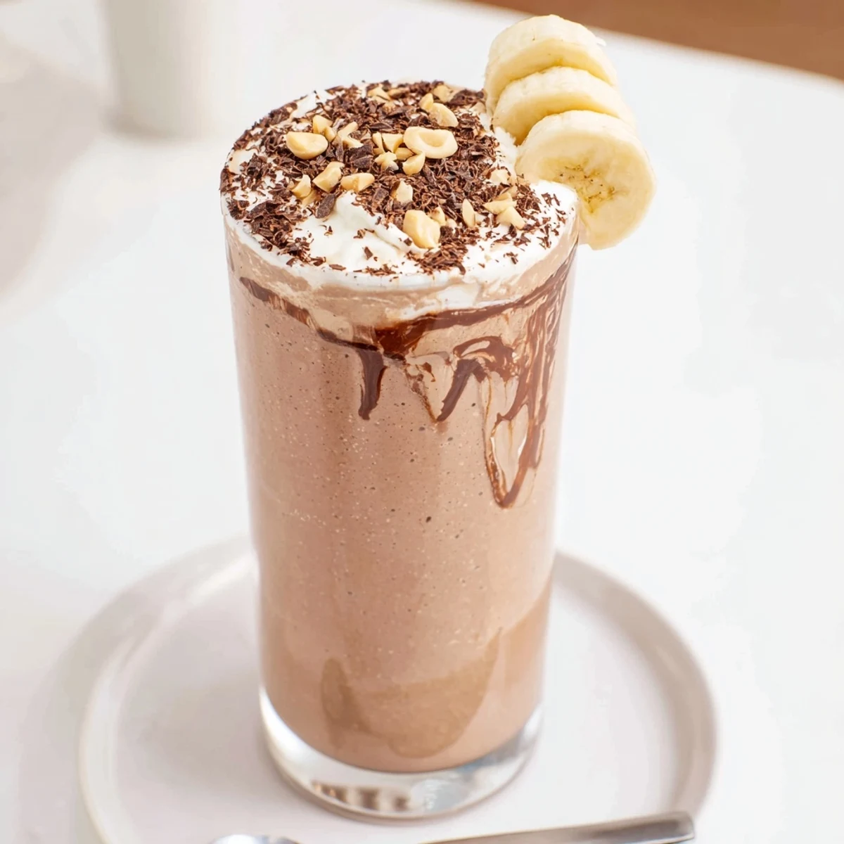 Thick, frosty Chocolate Peanut Butter Smoothie ready in five minutes, banana sweet.