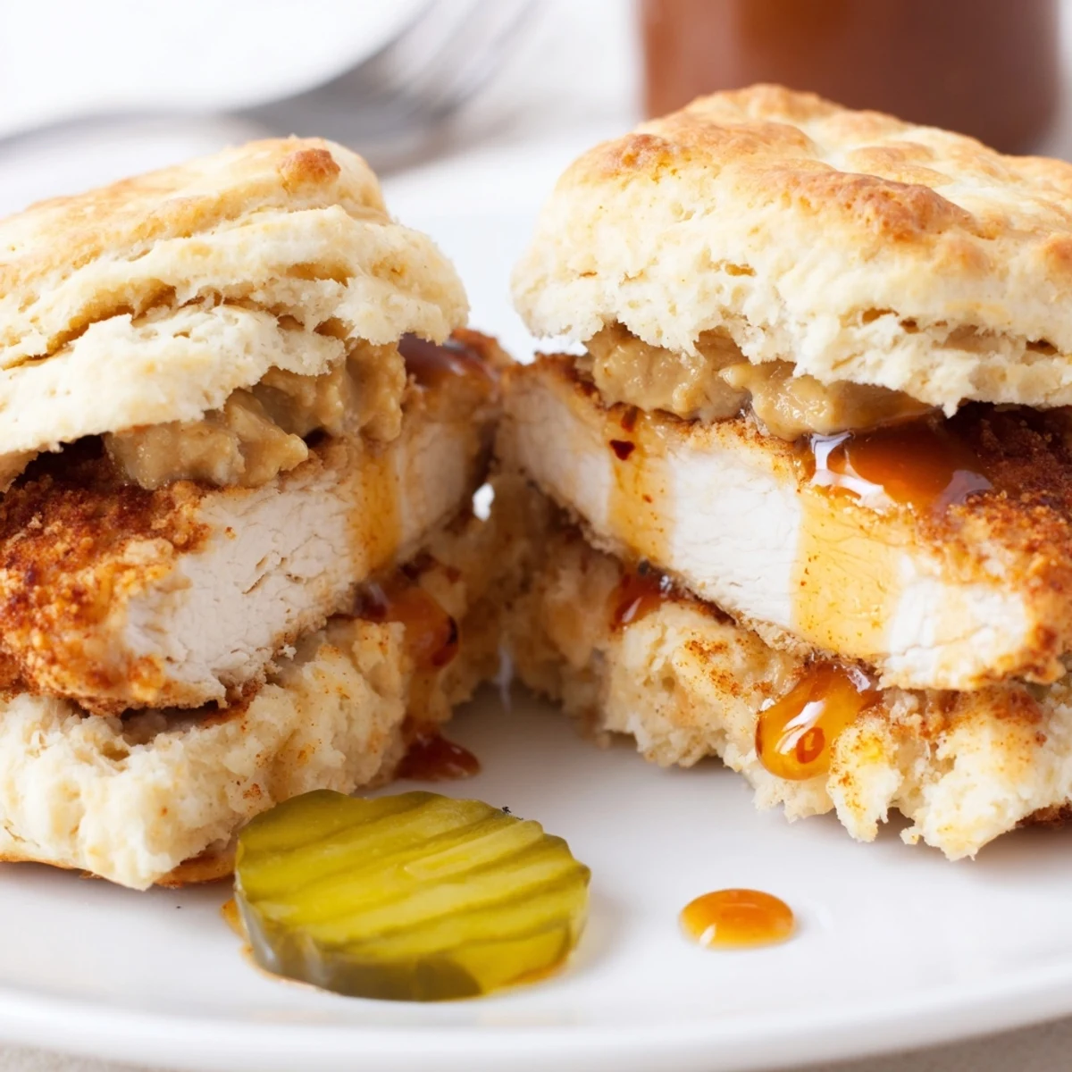 Crispy Hot Honey Chicken Biscuits drizzled with sticky spicy honey, served warm