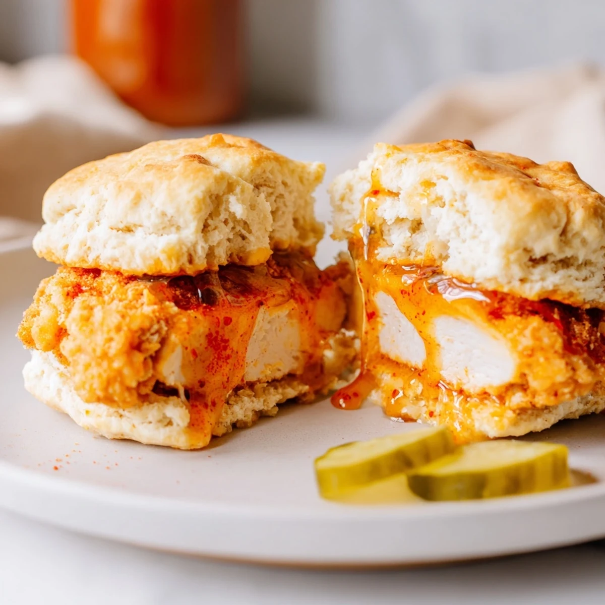 Golden Hot Honey Chicken Biscuits topped with melted butter, tangy pickle slices