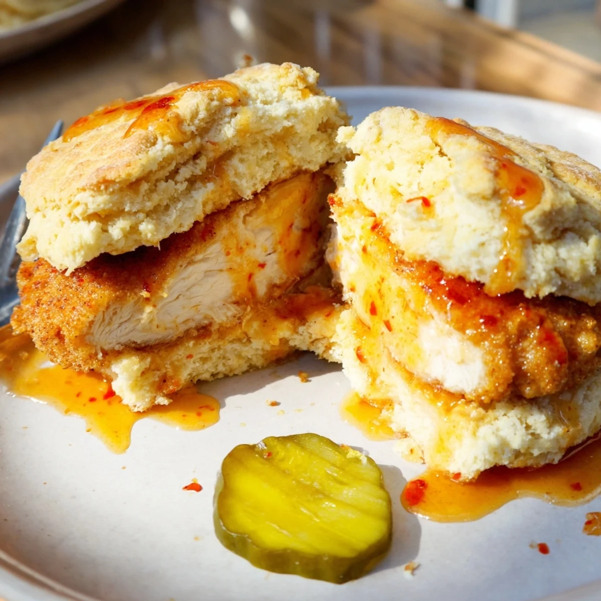 Buttery Hot Honey Chicken Biscuits split open revealing juicy fried chicken inside