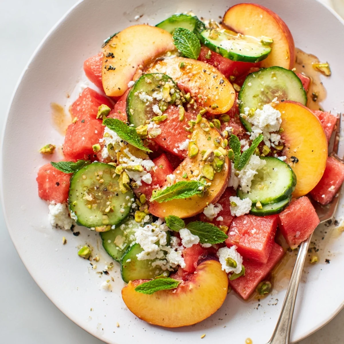 Summer Peach Watermelon Salad on platter, juicy cubes, mint, feta sprinkled