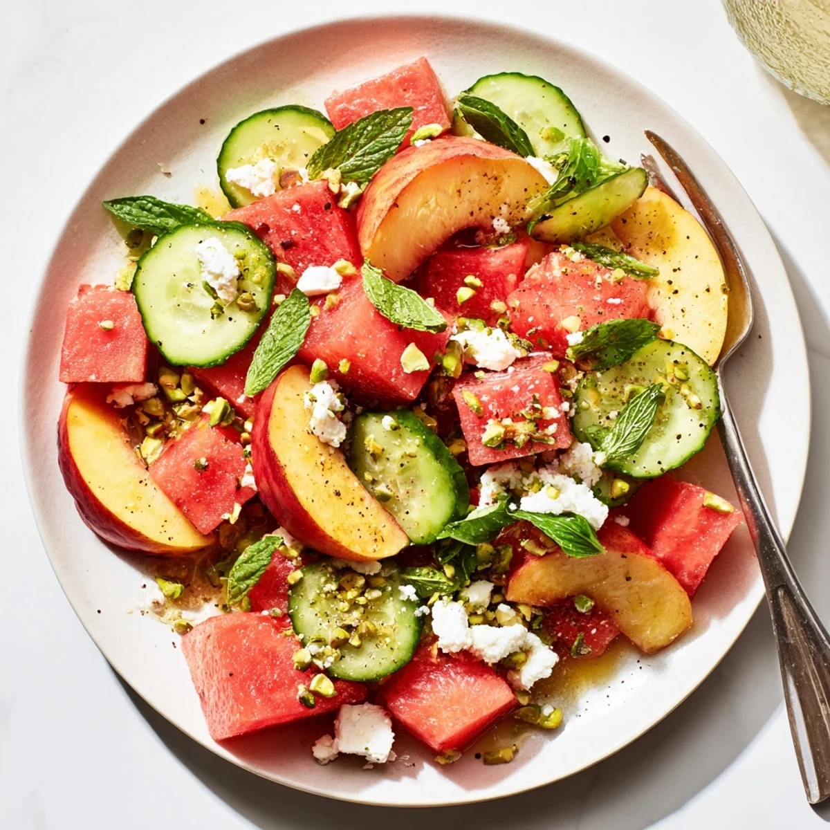 Bright Summer Peach Watermelon Salad tossed with honey lime dressing, chilled and refreshing