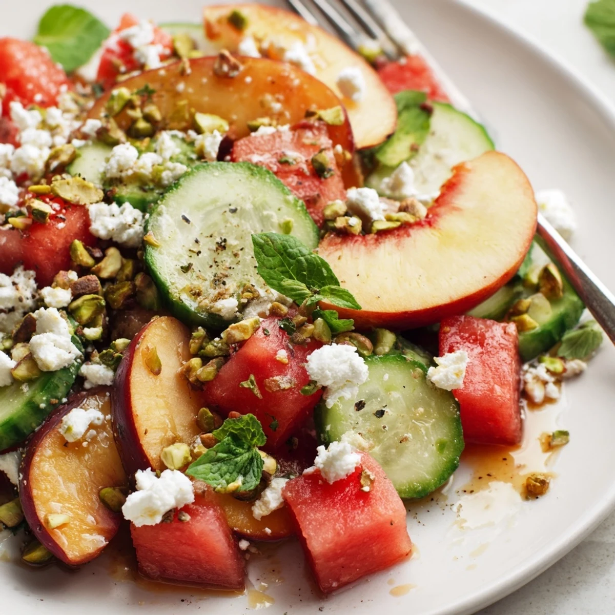 Served family style Summer Peach Watermelon Salad with crunchy pistachios and basil