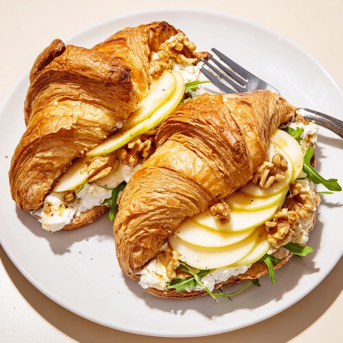 Buttery Apple Goat Cheese Croissant Sandwich layered with arugula, honey drizzle, crunchy nuts