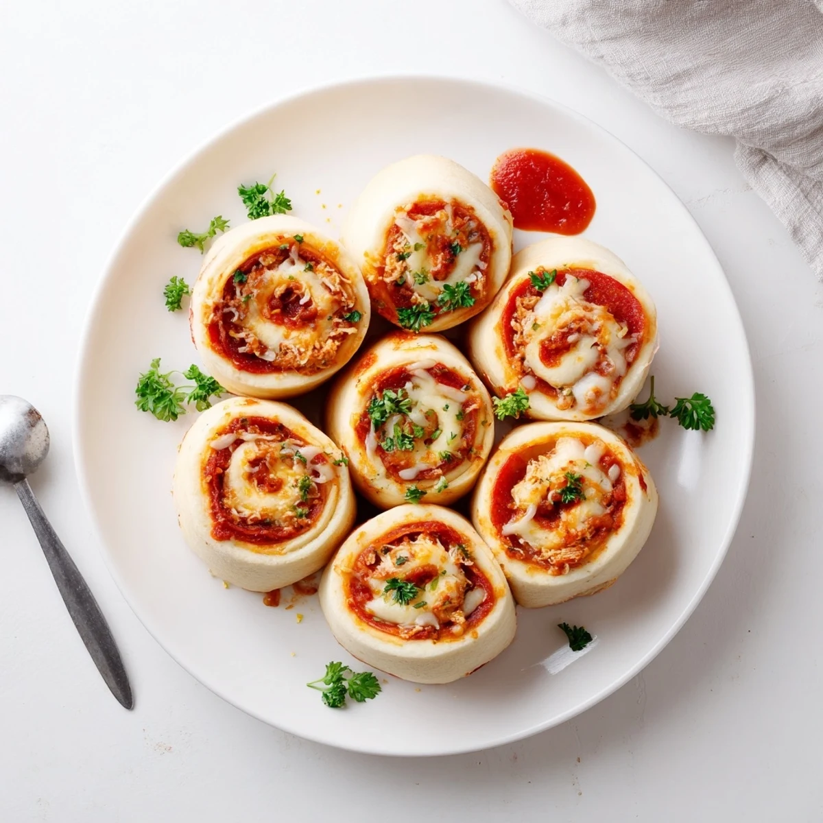 Hot Cheesy Beef Pepperoni Pizza Roll Ups with oozing cheese, served with marinara