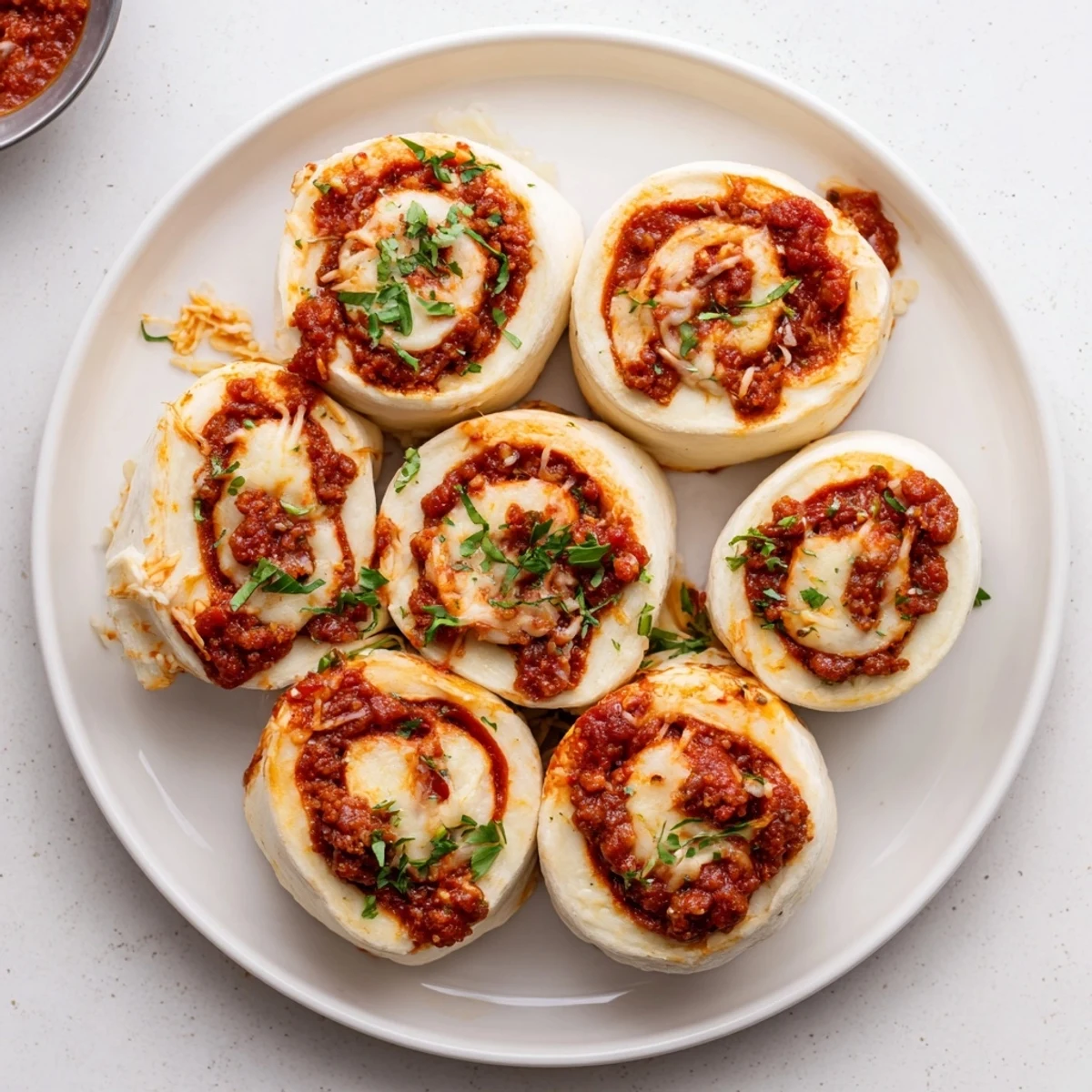 Baked Cheesy Beef Pepperoni Pizza Roll Ups on a sheet, garnished with basil
