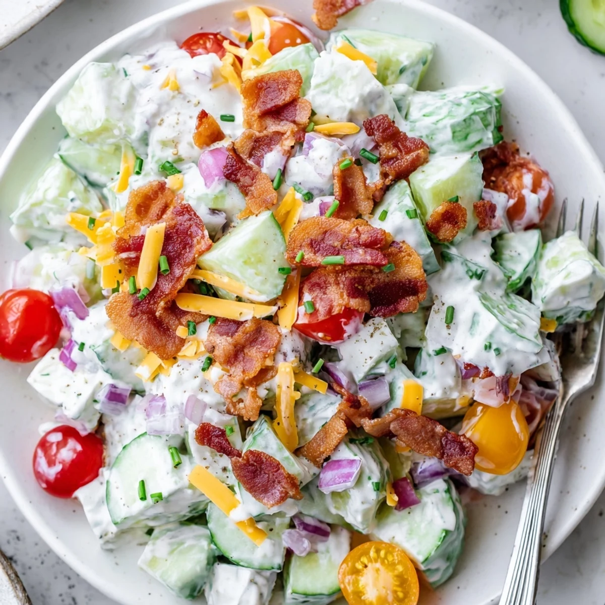 Cucumber Ranch Crack Salad piled in bowl, creamy ranch, crispy bacon crunch