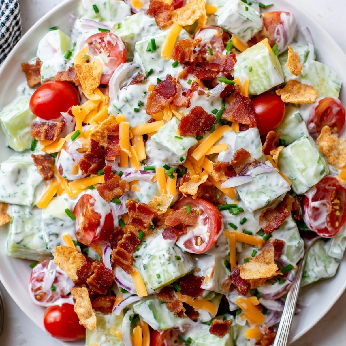 A picnic-ready Cucumber Ranch Crack Salad garnished with chives and bacon bits