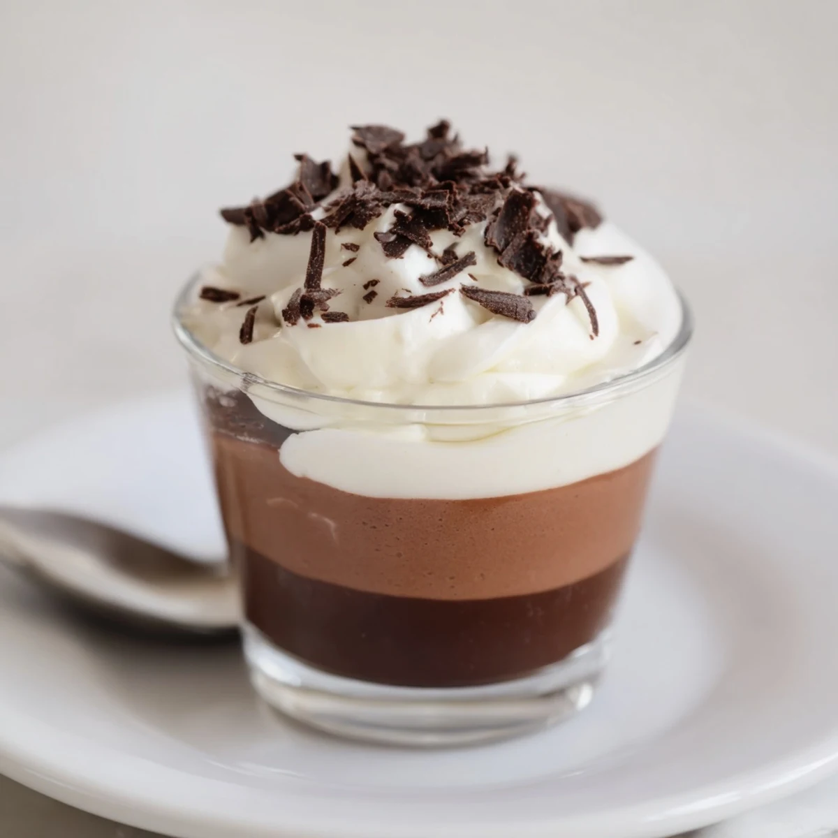 Triple Chocolate Mousse Cups layered in glass, glossy swirls, chilled and ready