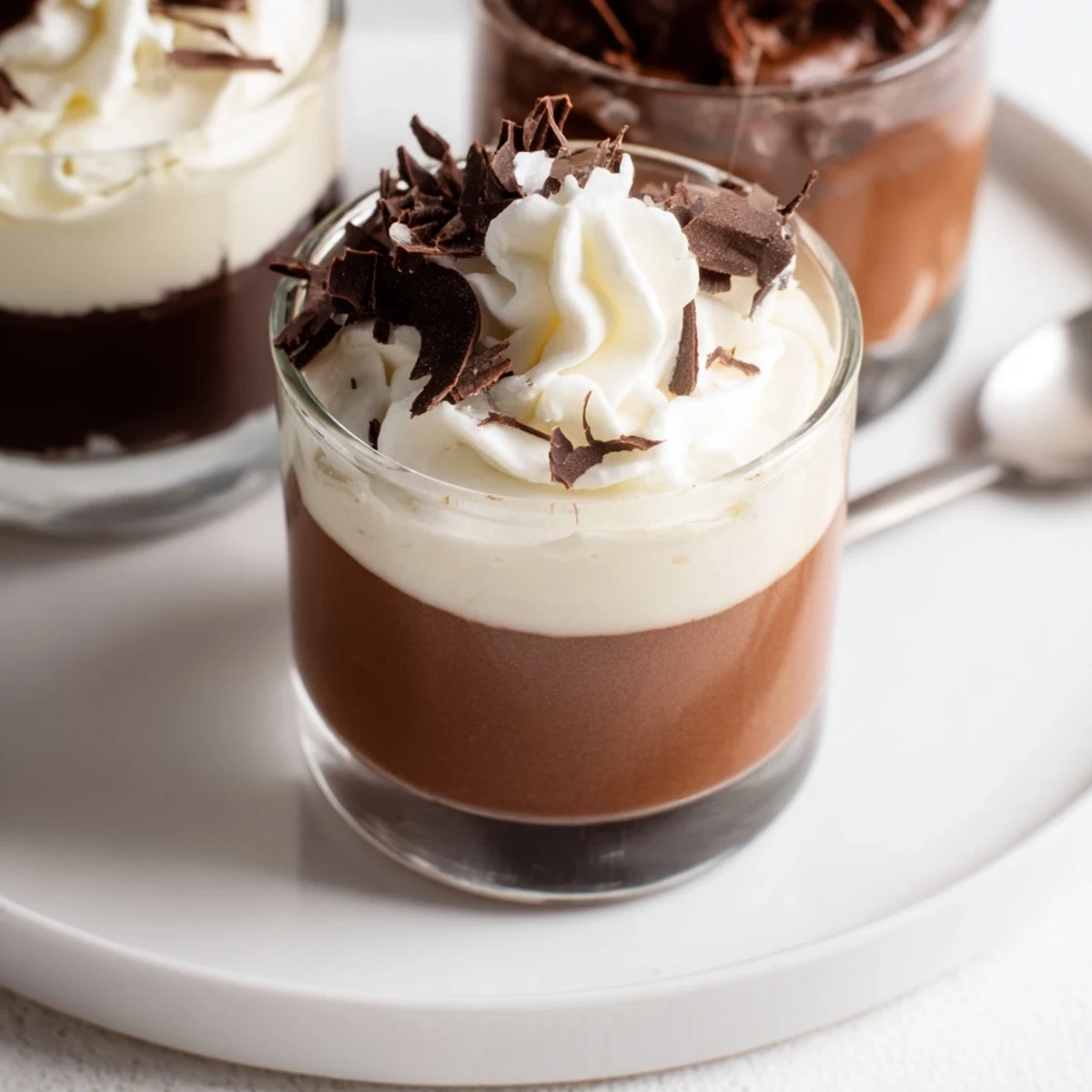 Triple Chocolate Mousse Cups plated for dessert, spoonful showing three creamy layers