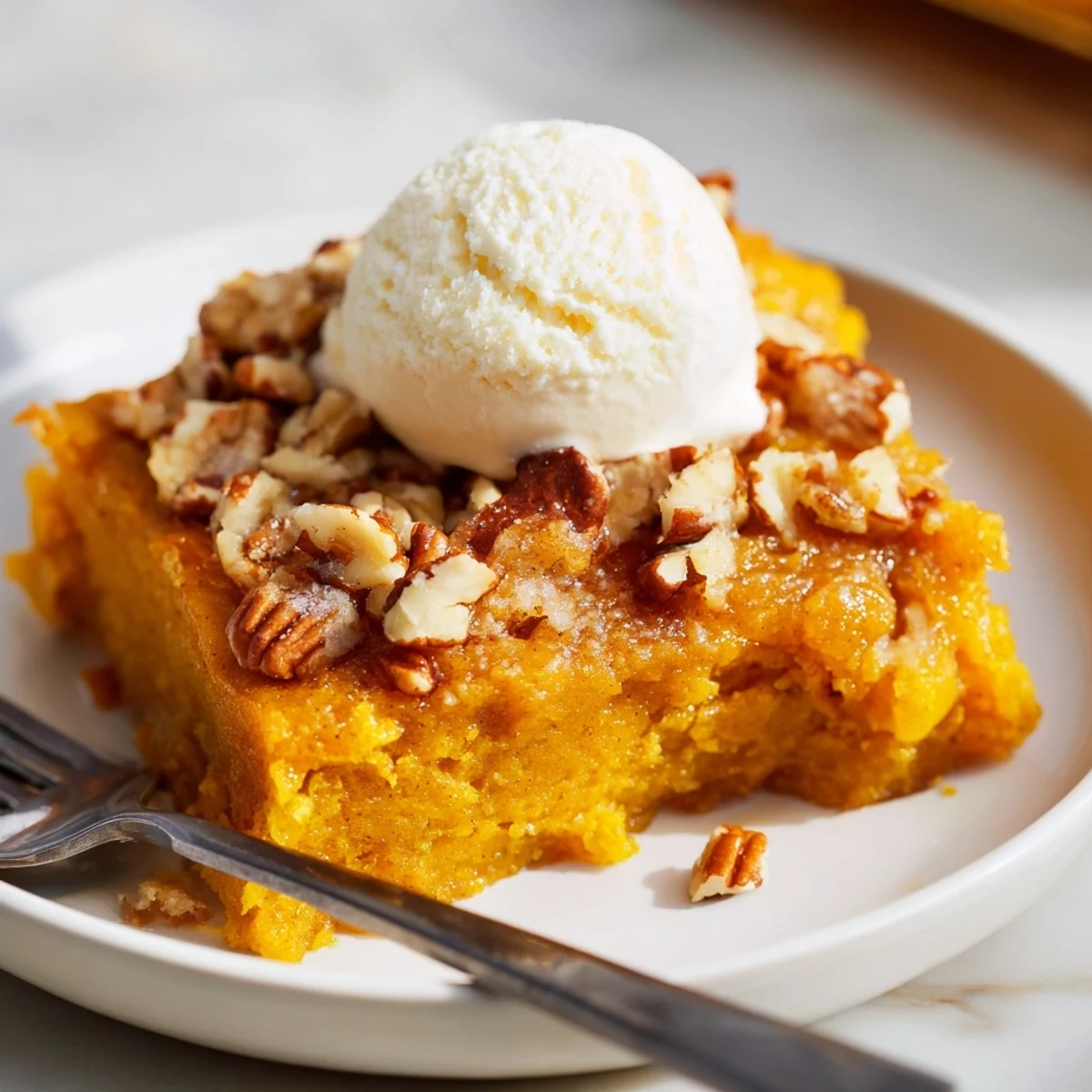 Sliced Pumpkin Dump Cake cooling in 9x13 pan, buttery cake crumbs