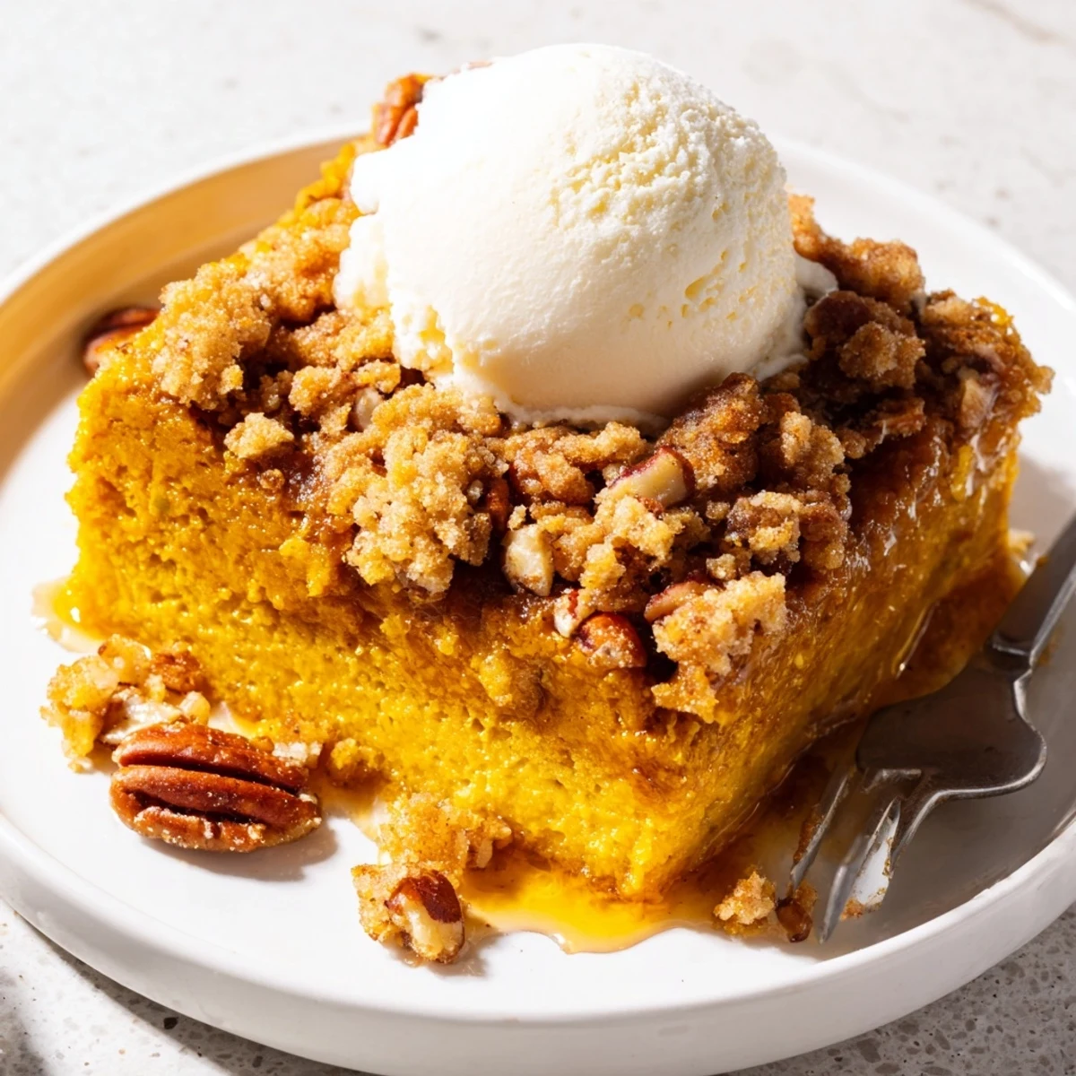 Pumpkin Dump Cake with golden pecan topping, warm, gooey pumpkin center