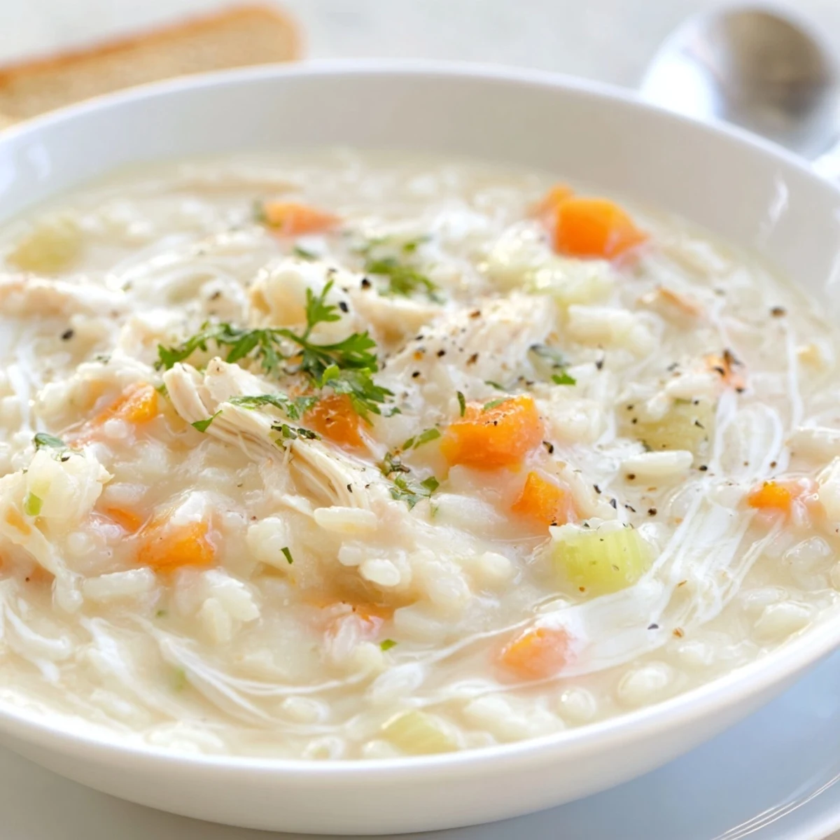 Creamy Chicken Rice Soup steaming in bowl, tender chicken and cozy aroma