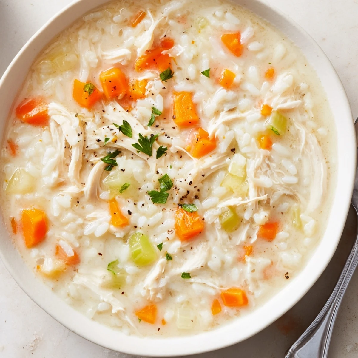 Bowl of Creamy Chicken Rice Soup garnished with parsley, served with bread