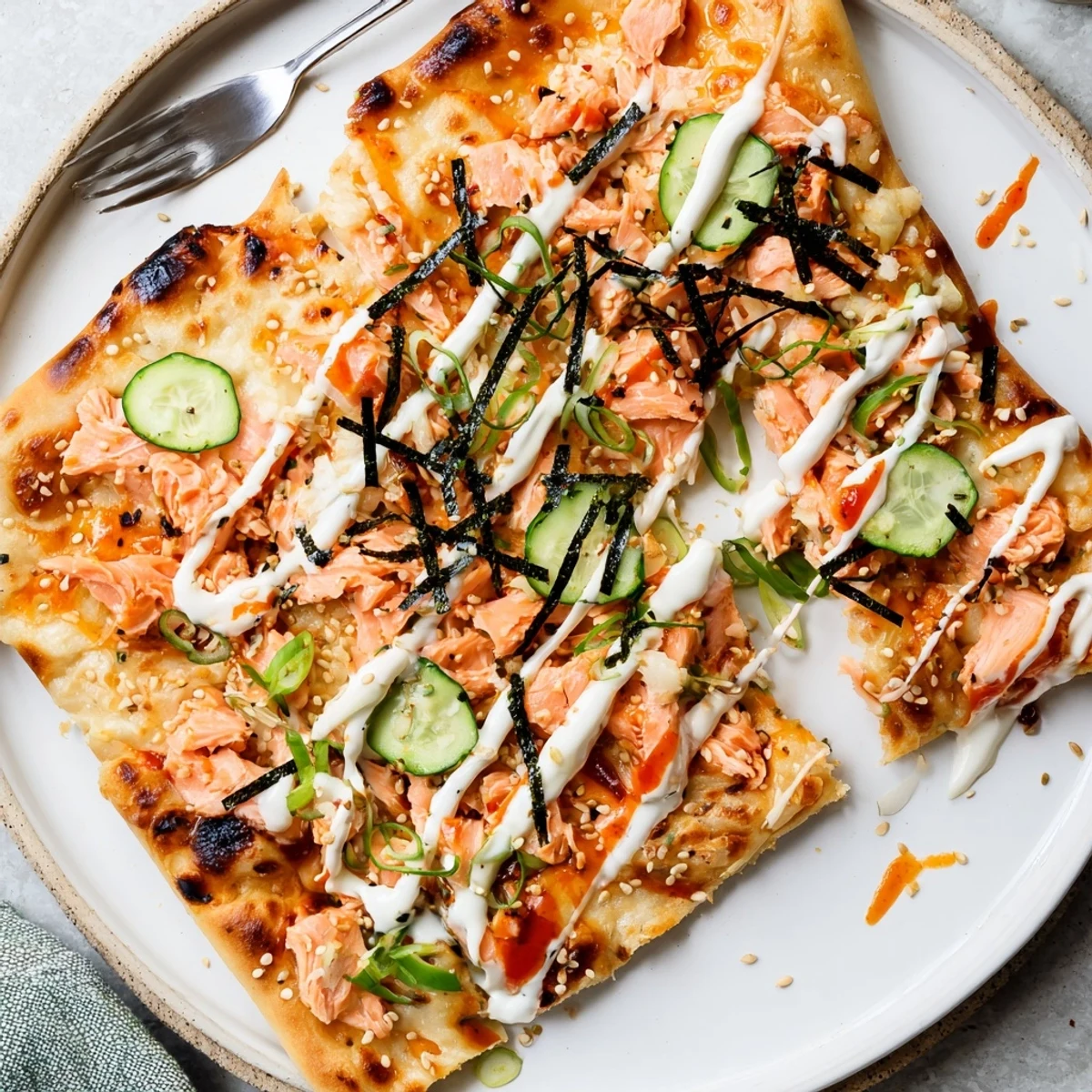 Toasted flatbread under Salmon Sushi Bake Flatbread Pizza With Spicy Drizzle, zesty lime