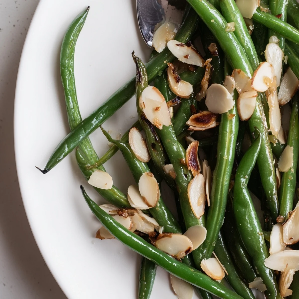 Green Beans sauteed with garlic and olive oil, glossy, bright, slightly blistered