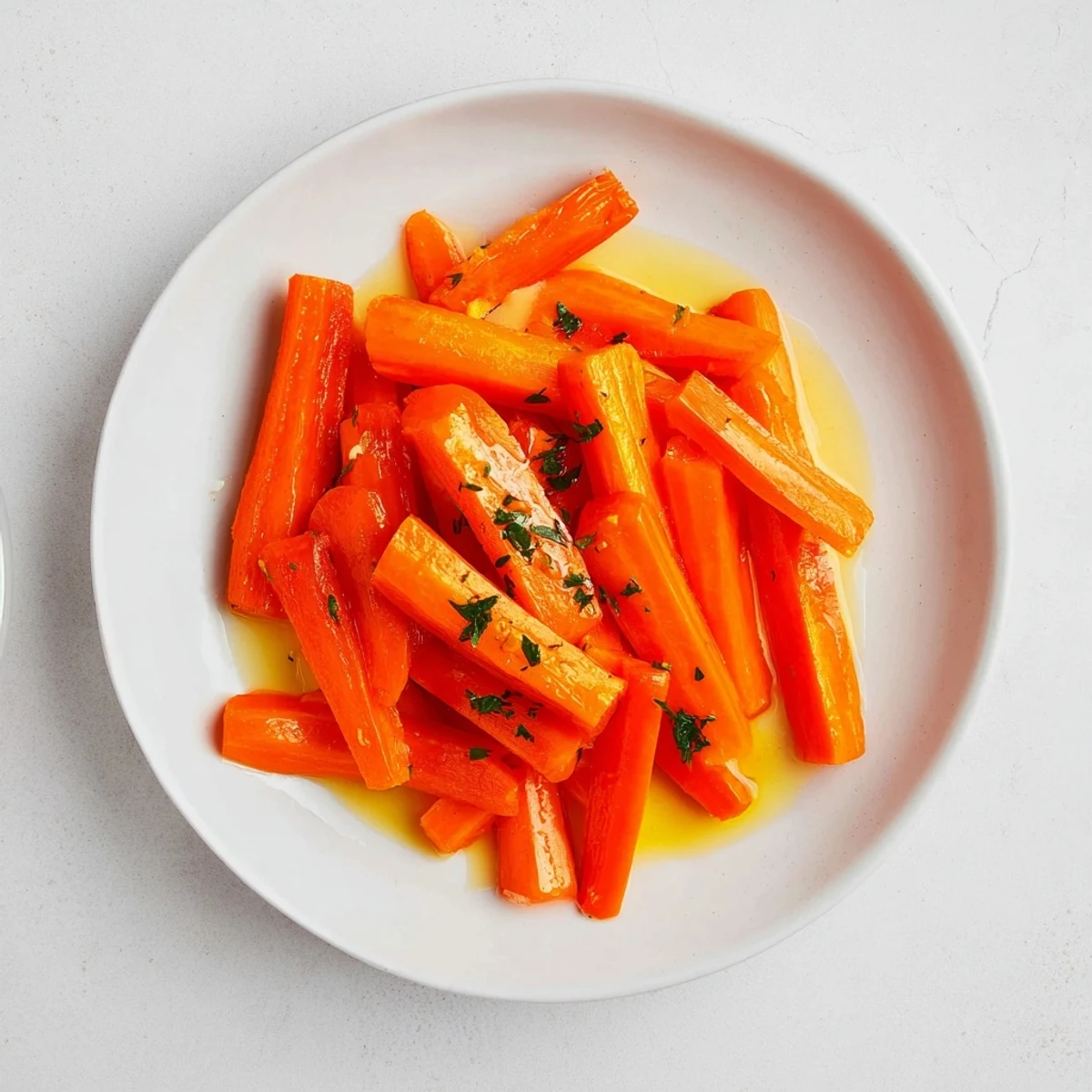 Warm Honey Glazed Carrots piled on a white plate, parsley-sprinkled